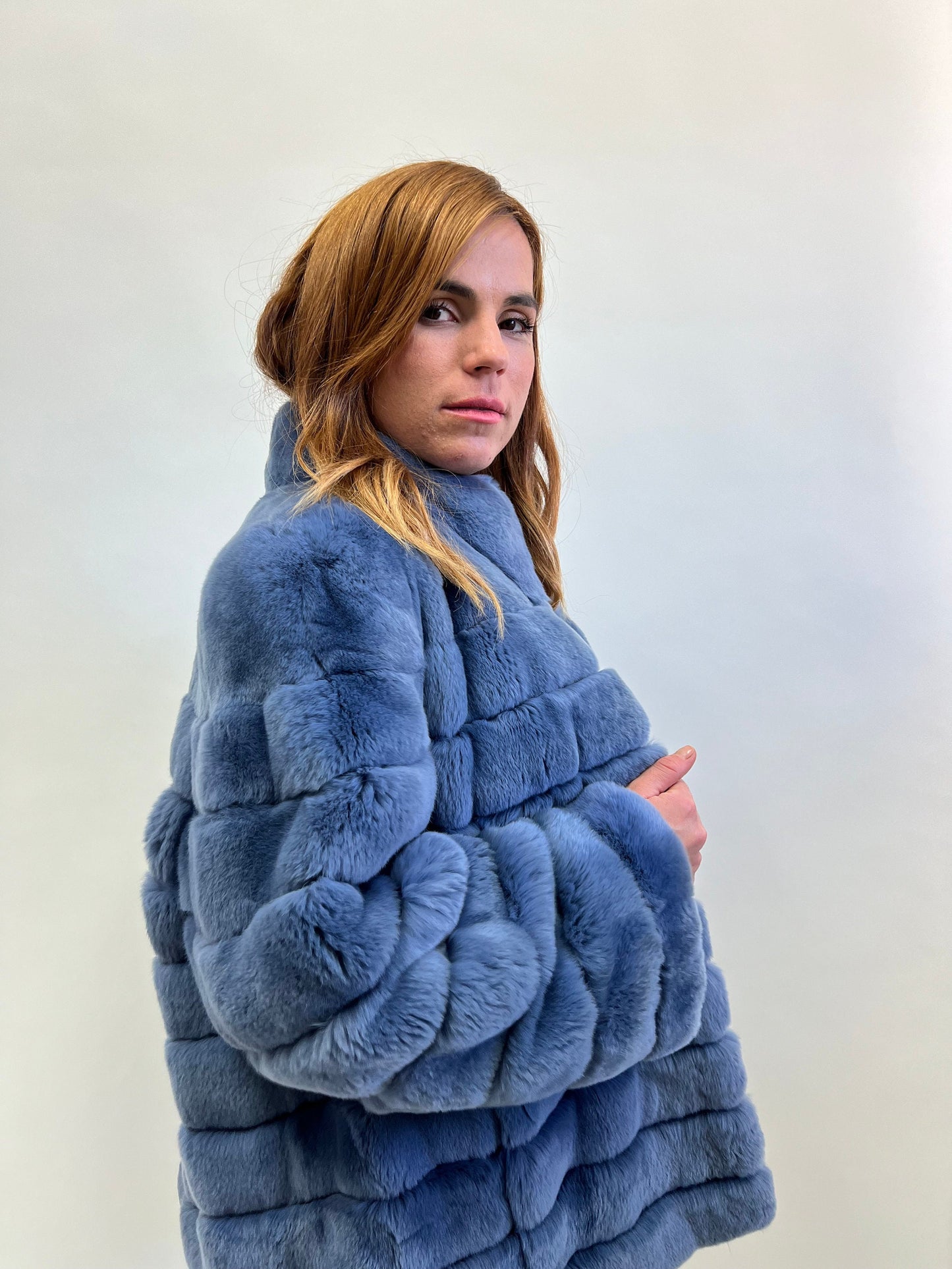 Plus Size Rex Rabbit Fur Jacket with Leather Trim