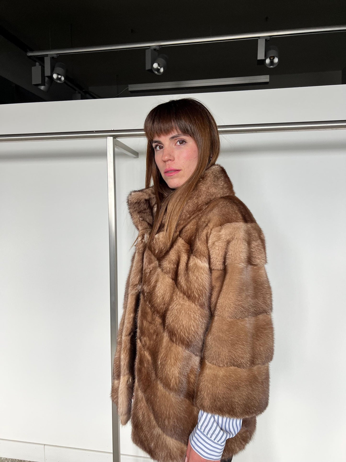 Mink Fur Collared Cappuccino Jacket - Handmade Luxury Fur Gift