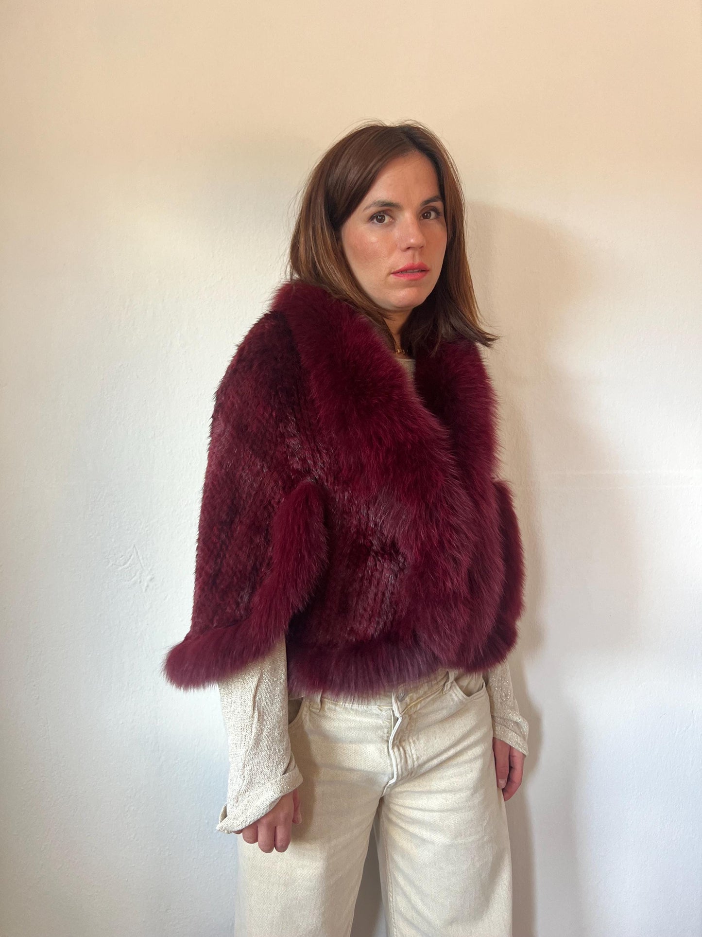 Handwoven Mink Fur Cape with Fox Fur Trim - Light Gray Poncho