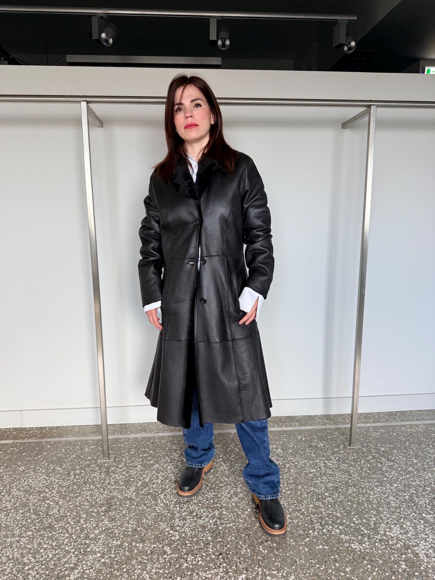 Handmade Black Shearling Fur Jacket:Long super warm Sheepskin Coat