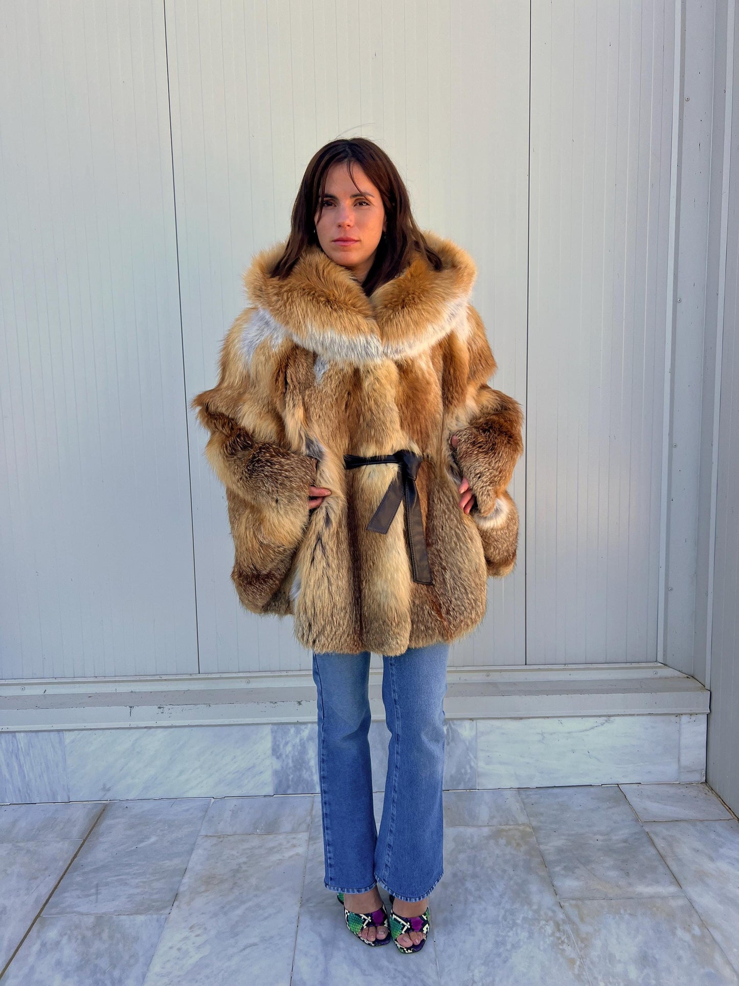 Red Fox Fur Cape with Hood: Handmade Leather Belt Closure
