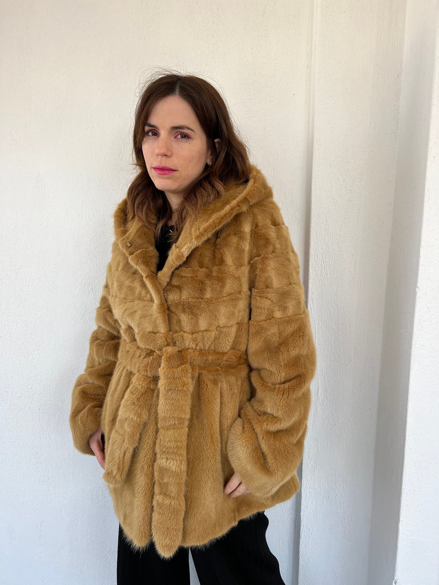 Camel Mink Fur Hooded Jacket with Belt - Luxury Gift