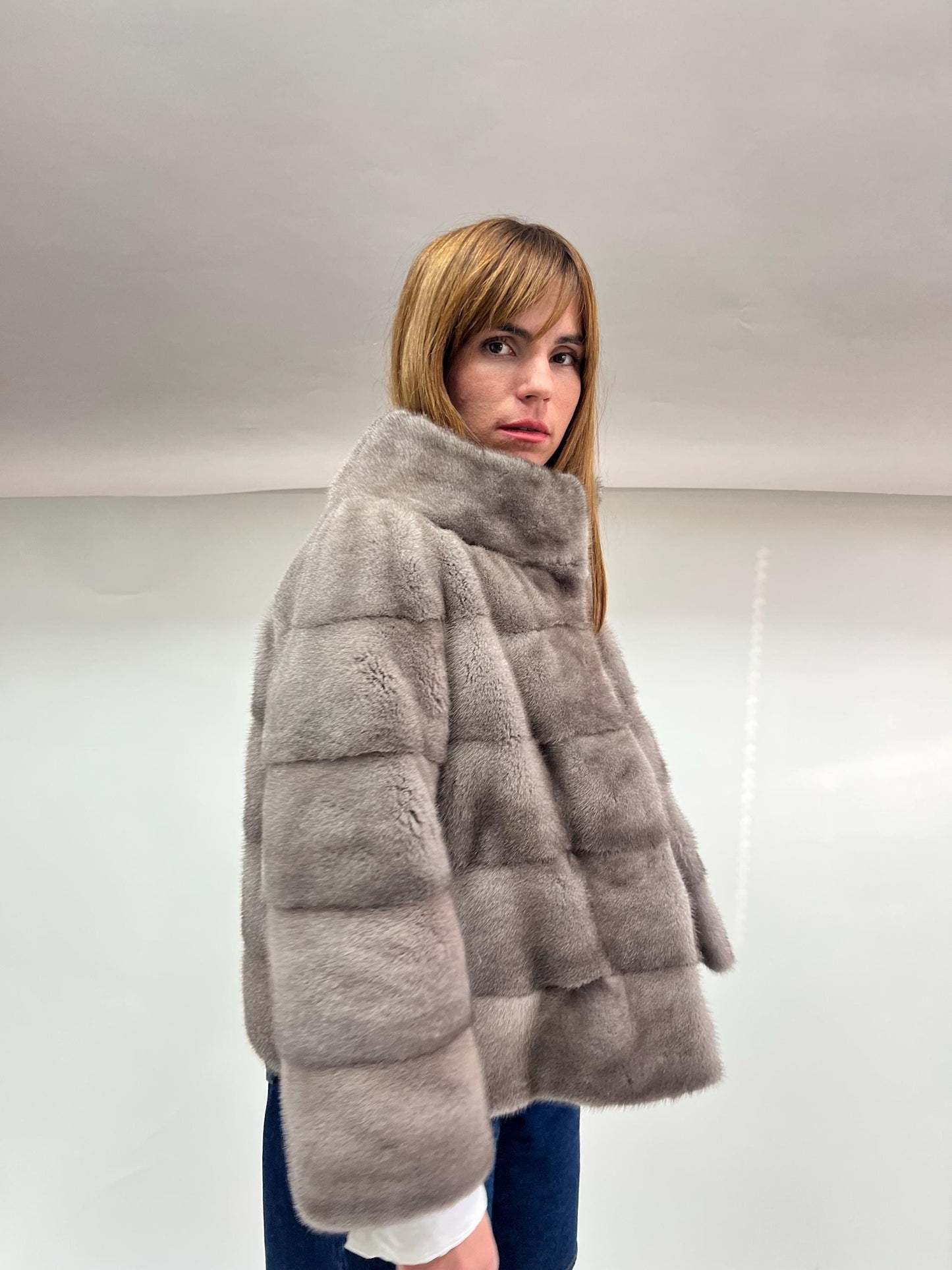 Real Silver Mink Fur Stroller Coat - High Collar, Luxury Gift