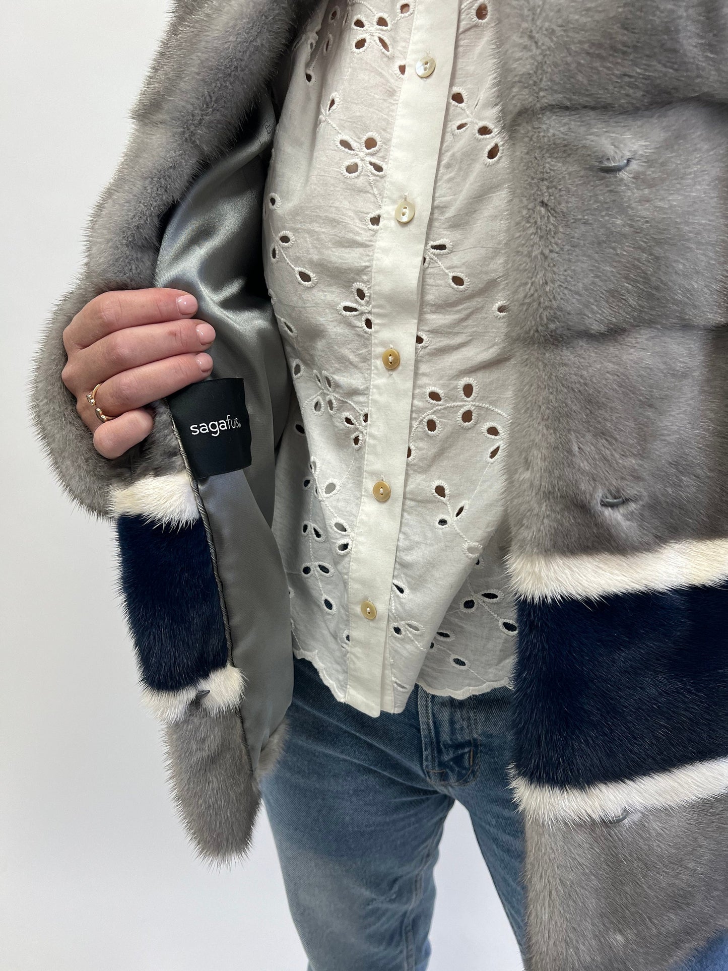 Sapphire Mink Fur Jacket: Navy, White & Grey Modern Coat