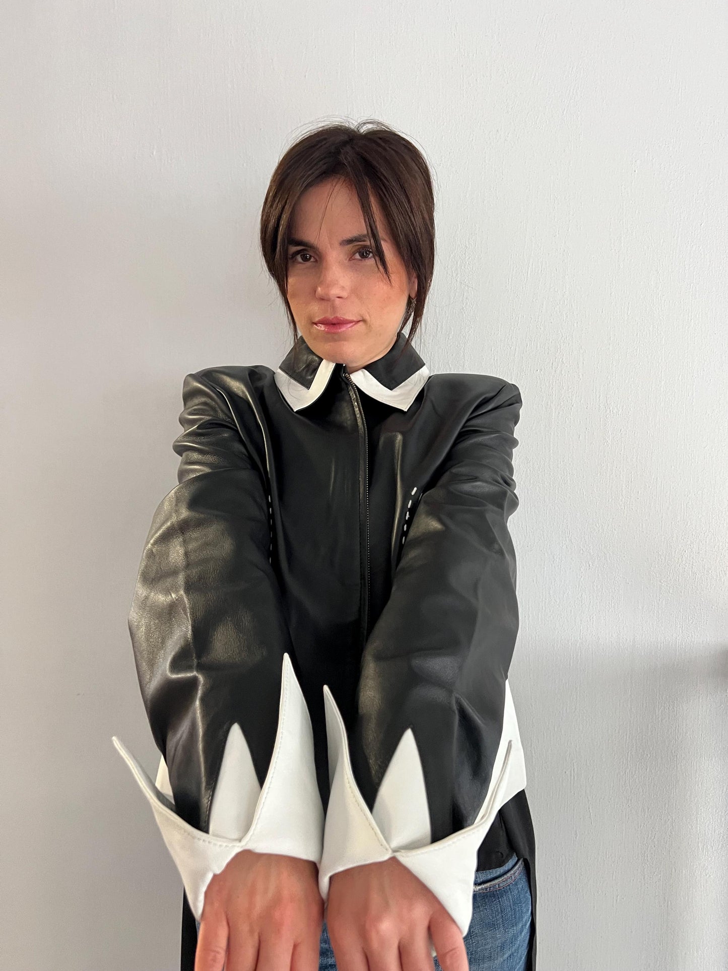 Handmade Lambskin buttery Leather Jacket: Black & White Nappa, Medium