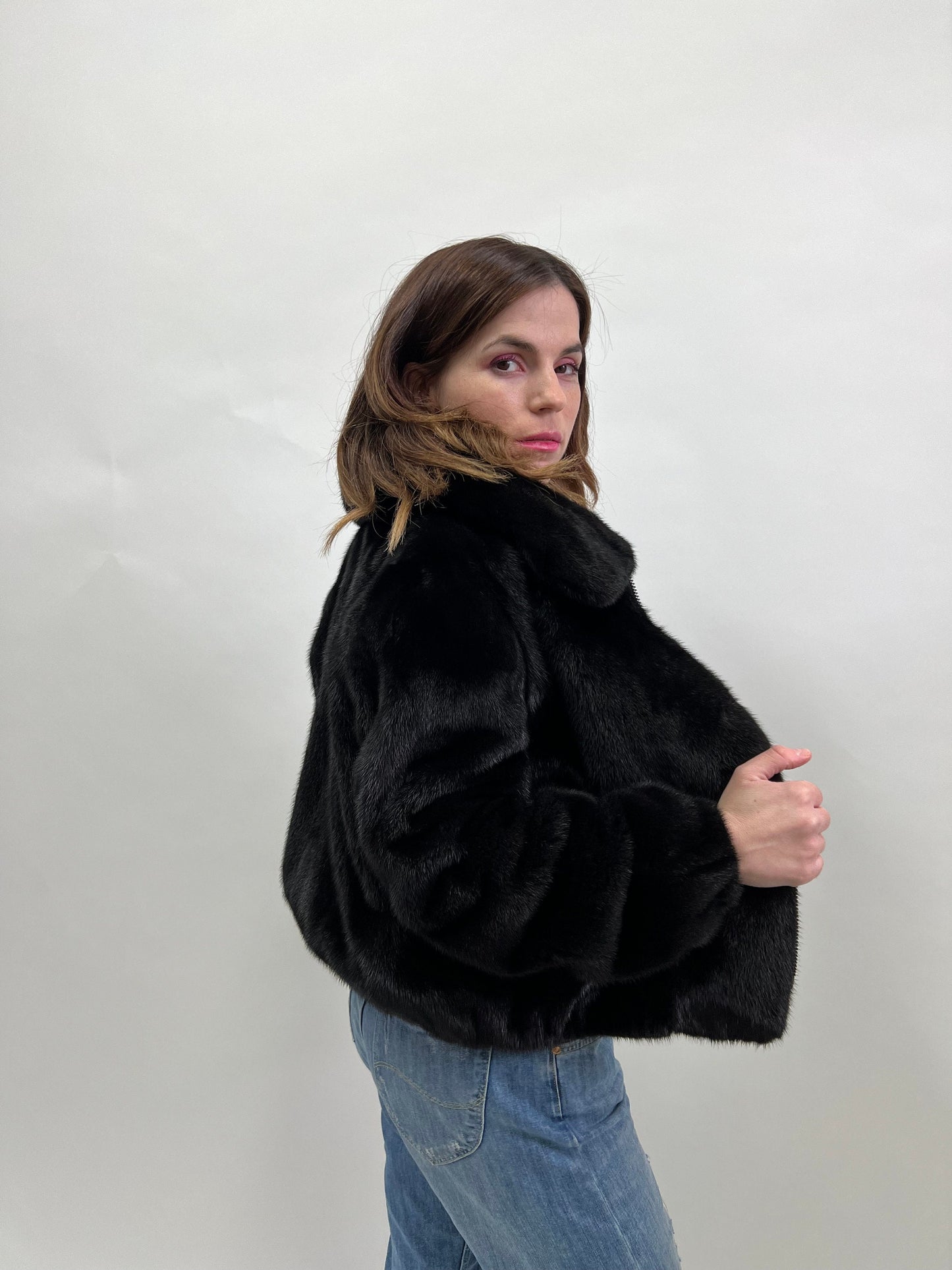 Real Mink Fur Velvet Bomber Jacket - Black, Big Collar