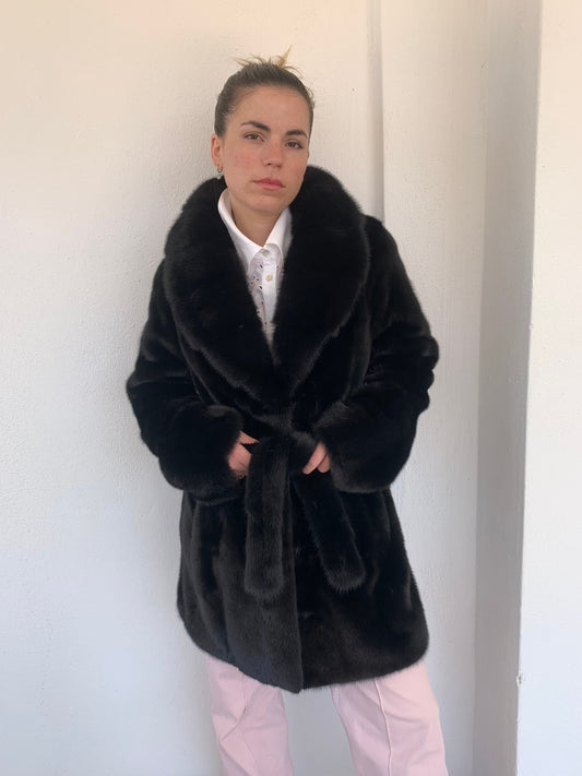 Real Mink Fur Jacket: Black Supple Skin Coat with Belt