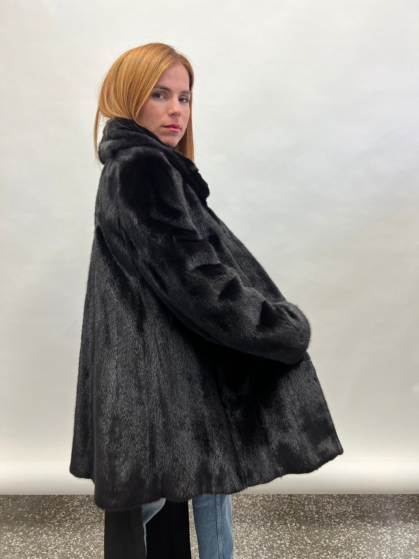 Black Saga Mink Fur Coat, Luxury Texture, Hooks Closure