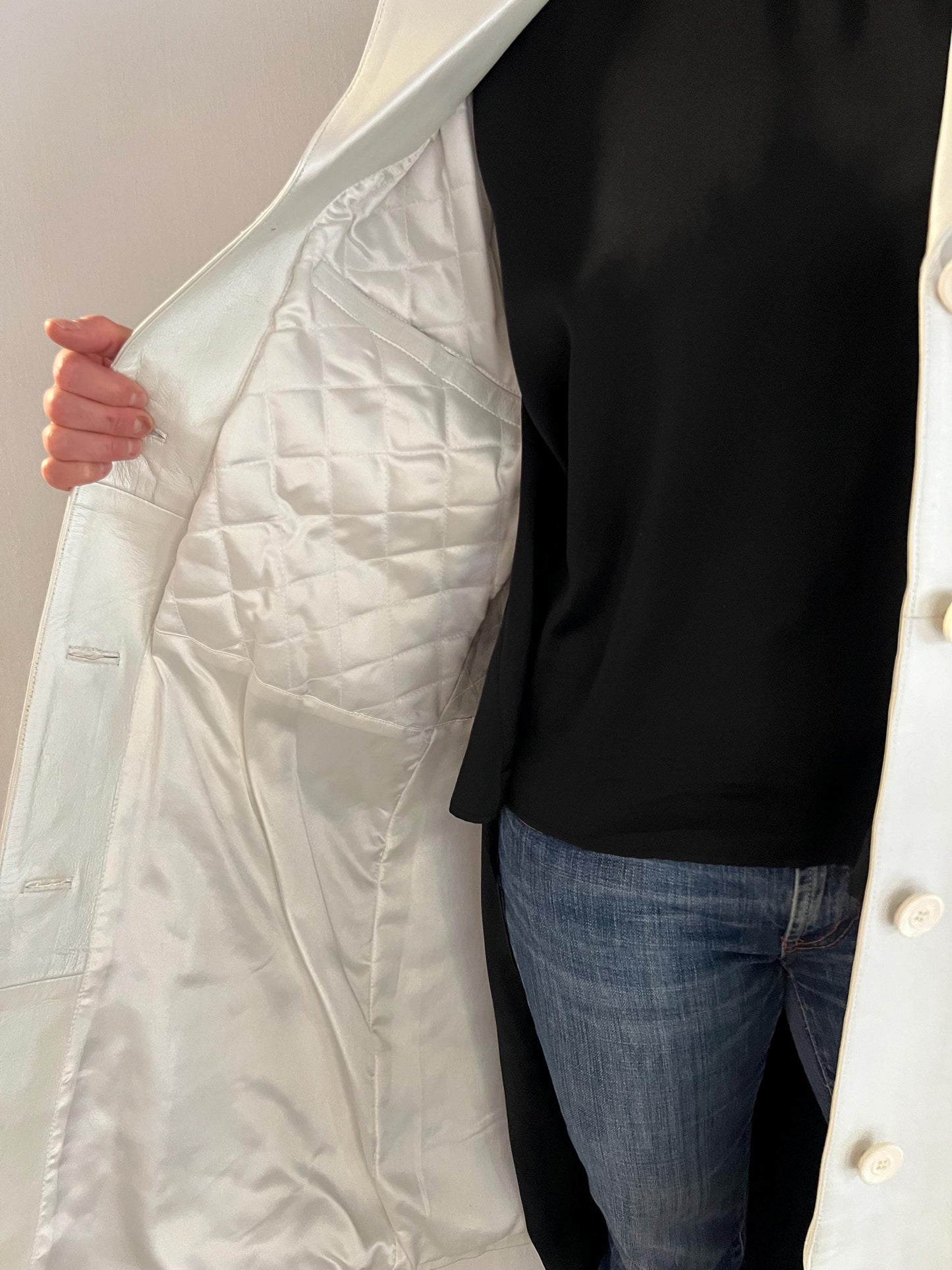Handmade Nappa Lambskin Leather Coat: White Pearl Button-Down