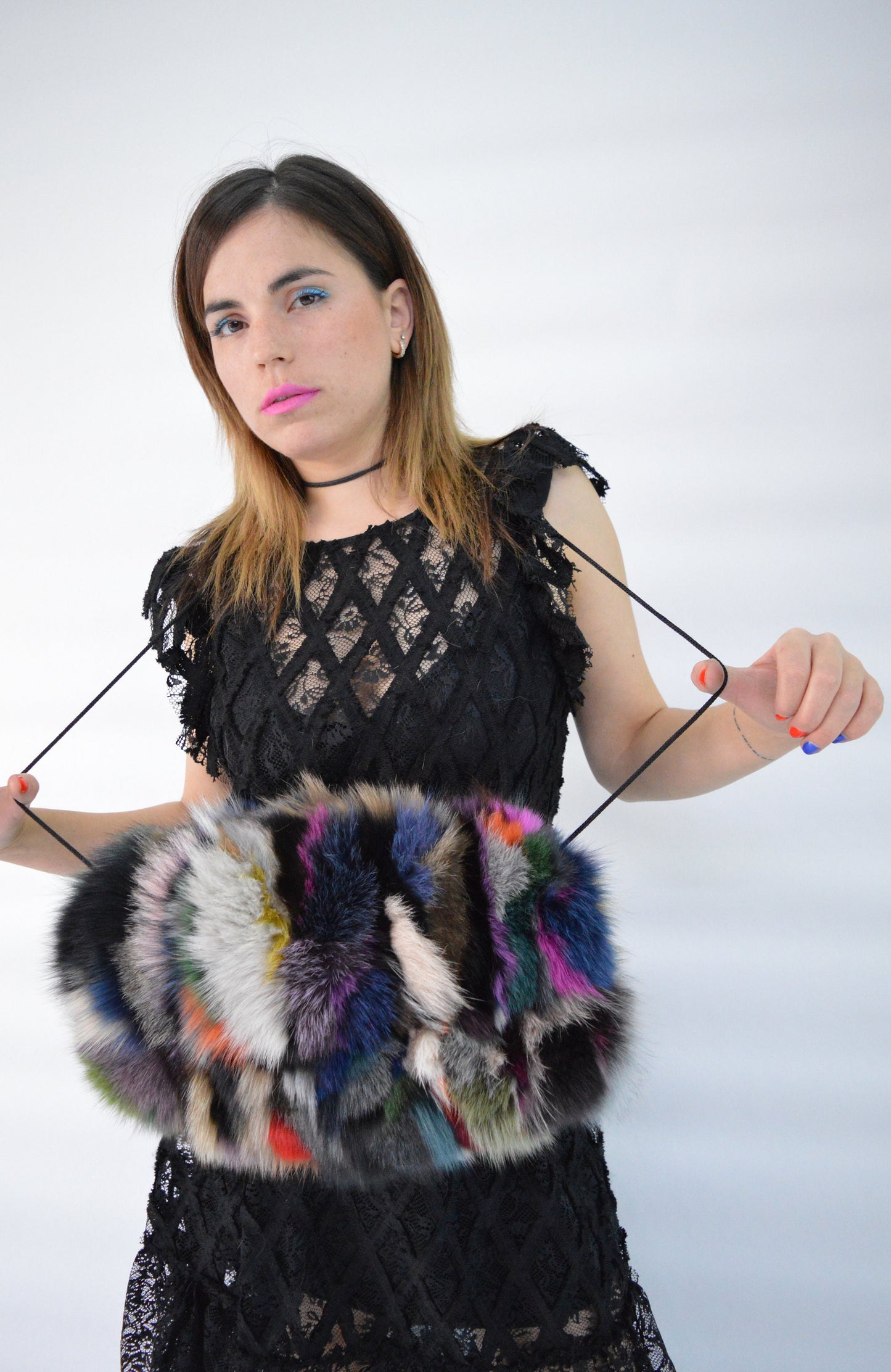 Multicoloured Fox Fur Hand Muff: Luxury Warmer with Pocket