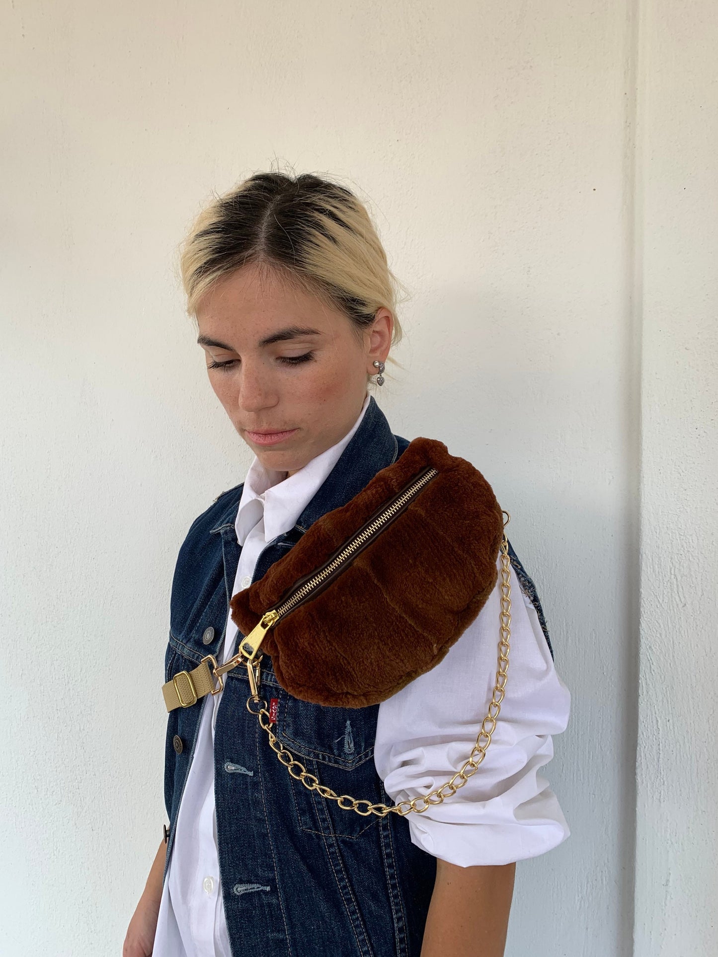 Cognac Mink Fur Bumbag with Chain: Luxury Fanny Pack