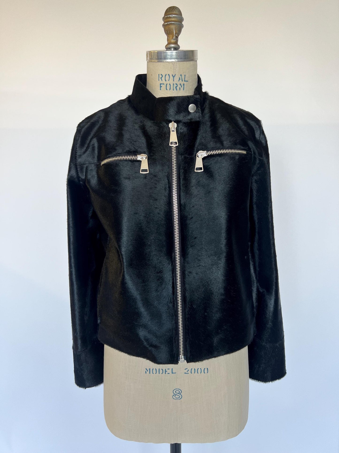 Genuine Hair-On Leather collarless Jacket: Black Calf Fur Coat, Handmade in Greece