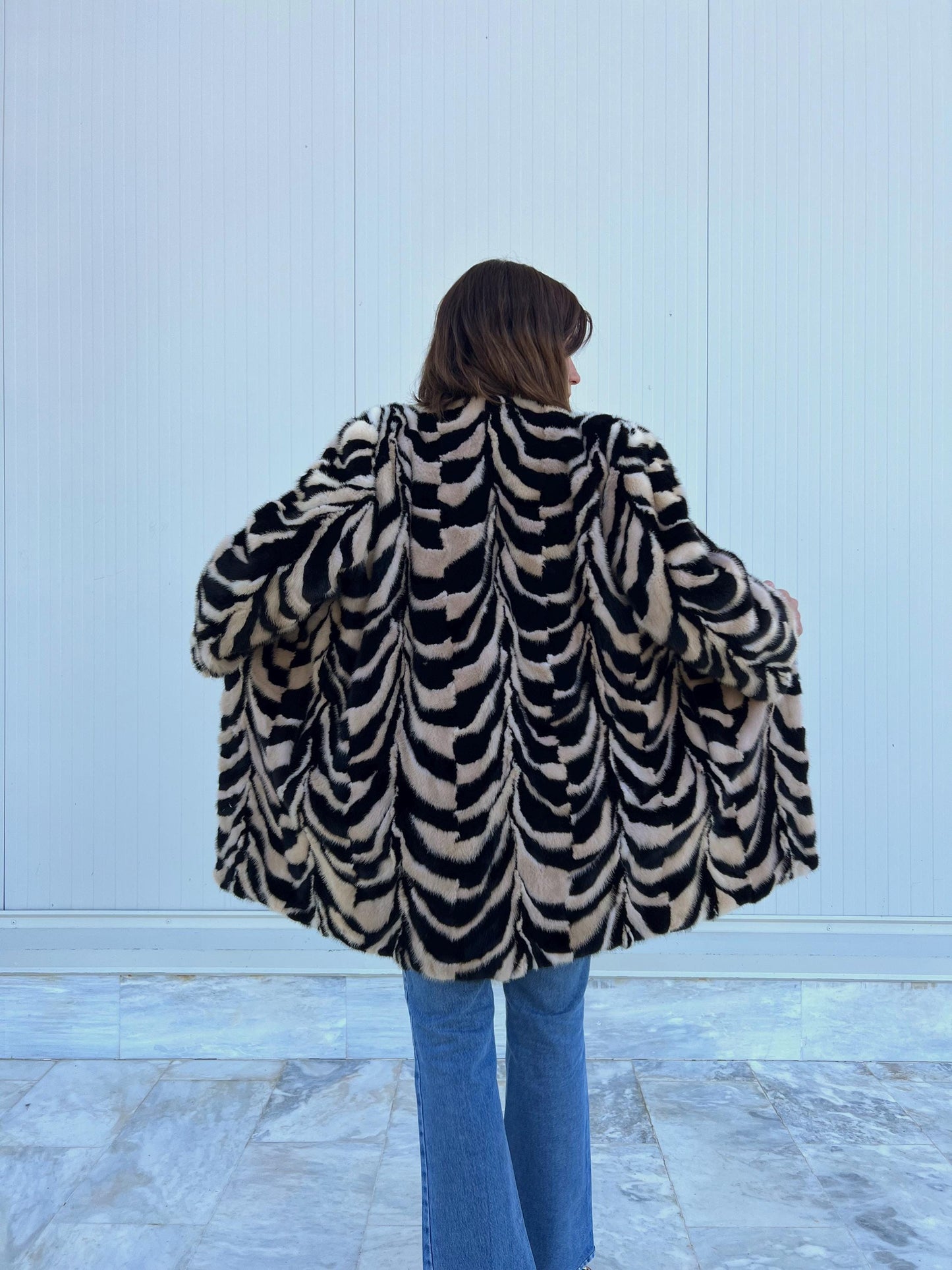 Beige & Black Intarsia Mink Fur Jacket: Handmade Genuine Fur Blazer