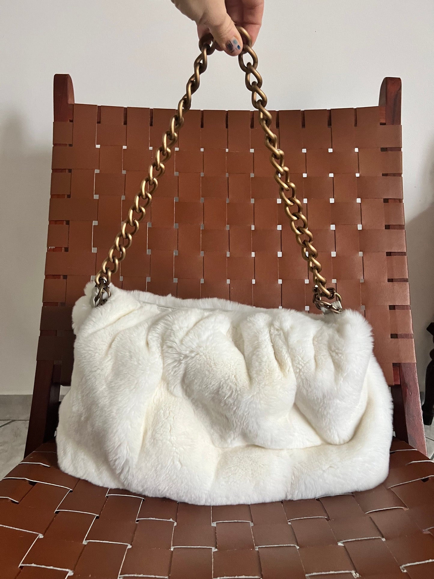 Handmade Rex Rabbit Fur Pouch Bag: White Slouchy Shoulder Bag