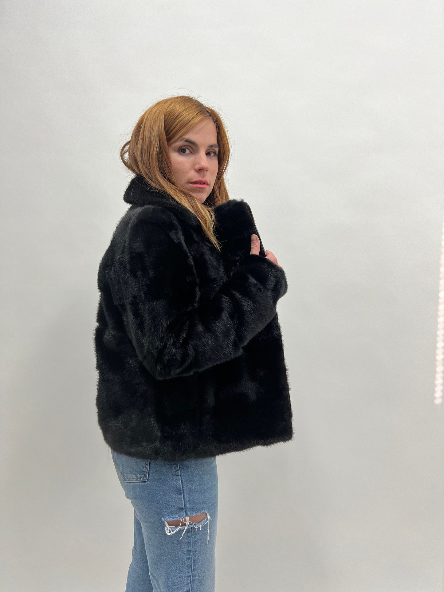 Black Mink Biker Jacket: Horizontal Fur, Silver Hardware