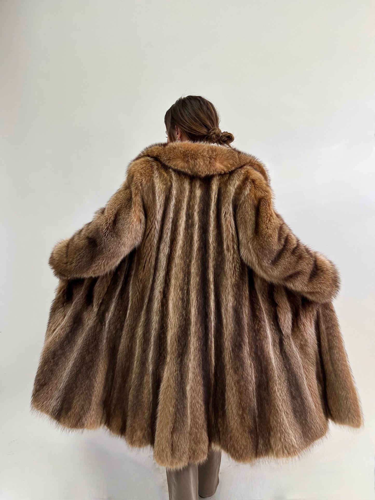 Real Crystal Raccoon Fur Coat: Tan Brown Full Length Godet, Big Collar