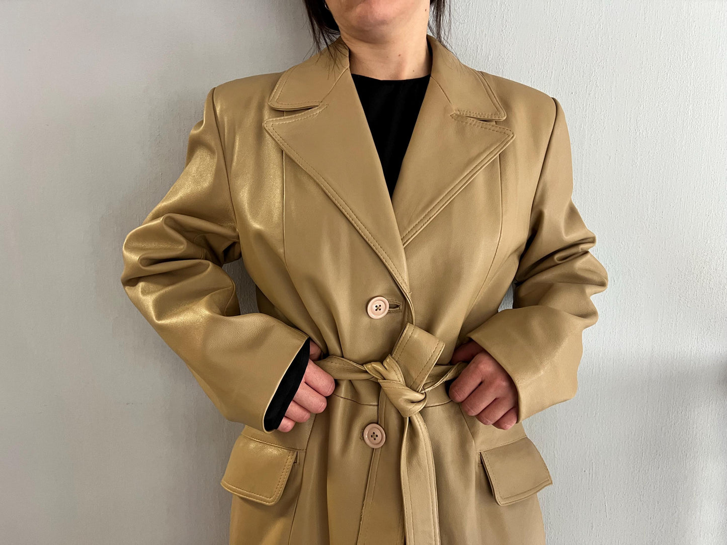 Handmade Nappa Lamb buttery  Leather Coat: Genuine Camel Leather Tie-Wrap, Made in Greece