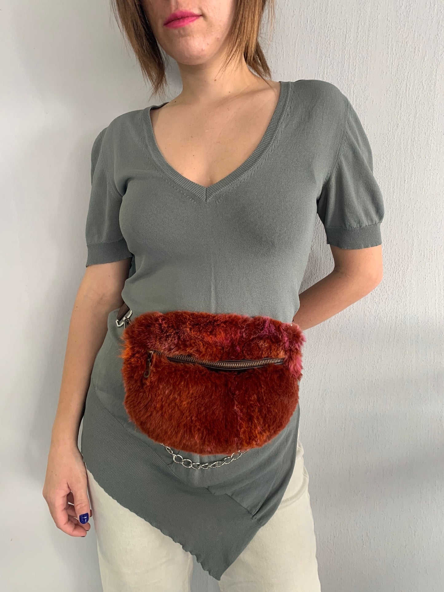 Terracotta Rabbit Fur Bumbag with Chain Strap