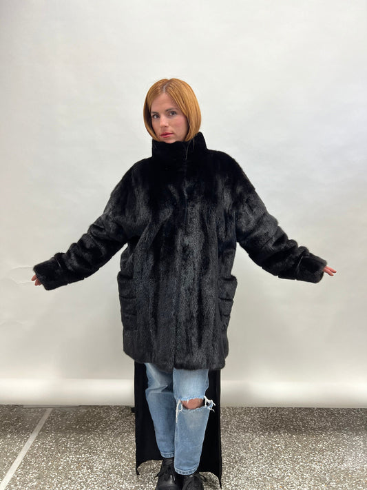 Black Mink Fur Coat, Boxy Jacket with Collar, Size Small