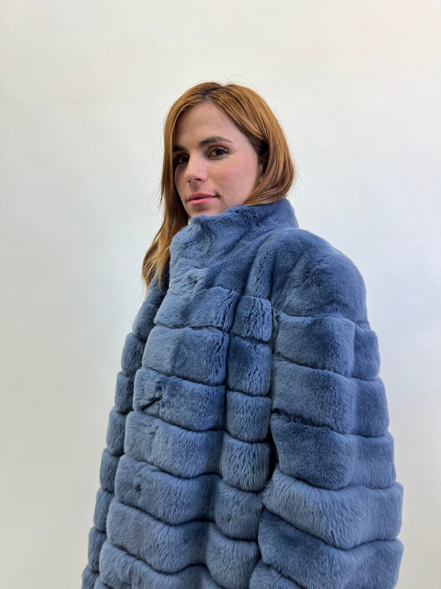 Plus Size Rex Rabbit Fur Jacket with Leather Trim