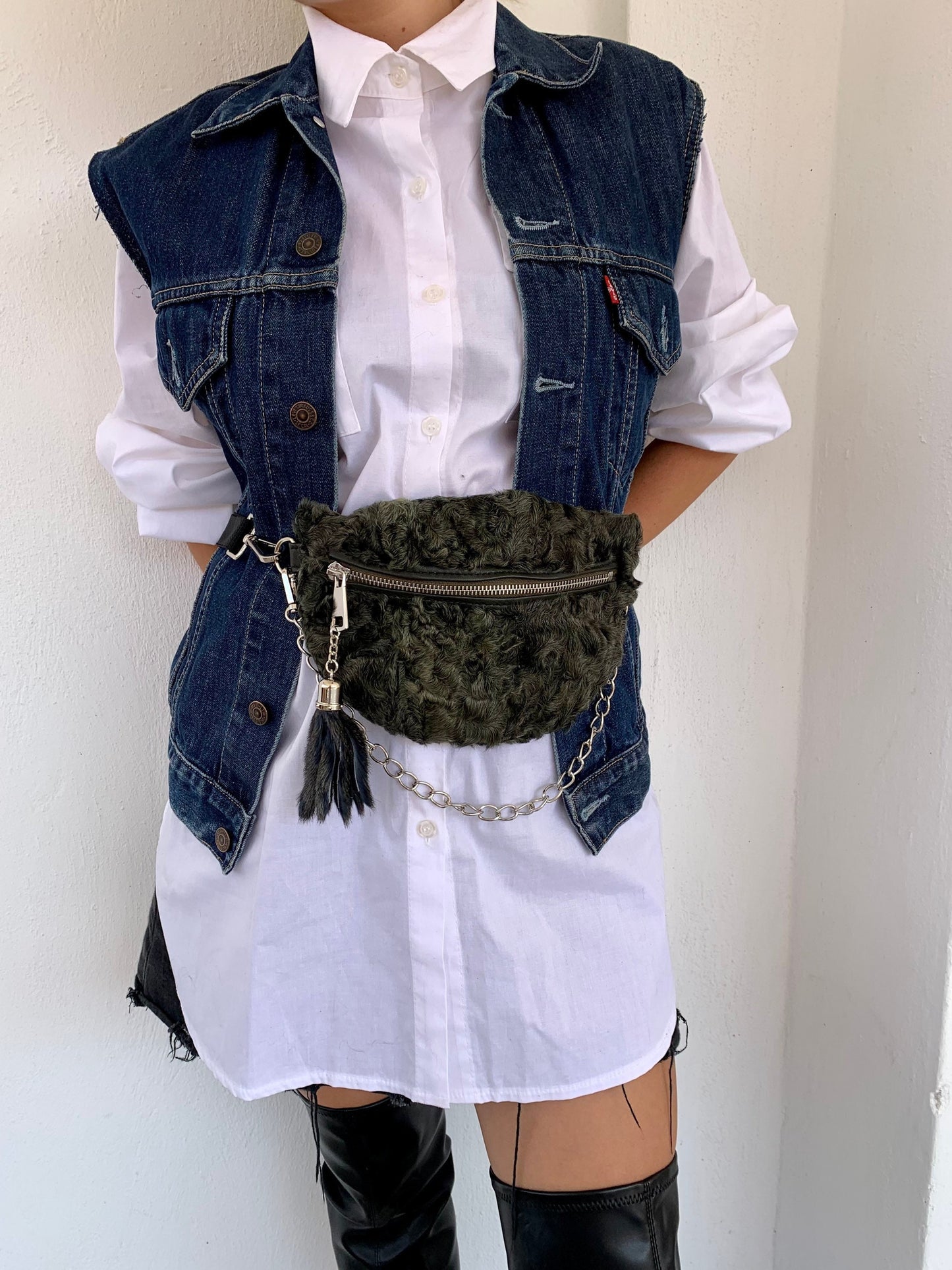 Olive Lamb Fur Bumbag with Chain Tassel: Luxury Fanny Pack