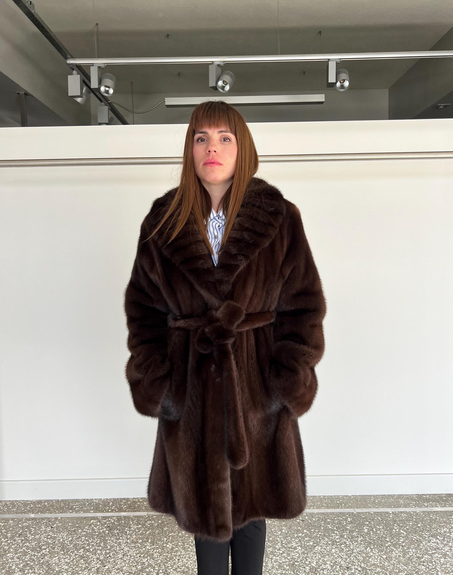 Choco Brown Mink Fur Coat: Big Collar Belted Stroller, Handmade in Greece