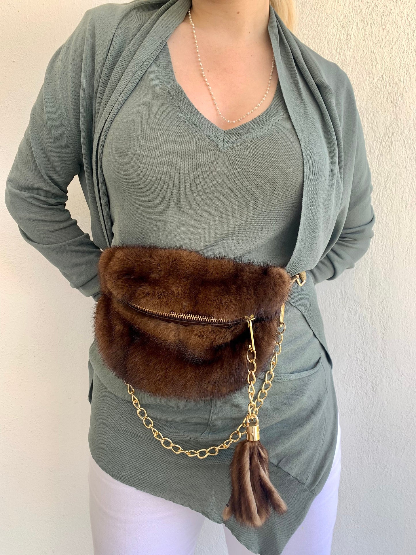 Real Mink Fur Bumbag: Tan Brown Fanny Pack with Chain