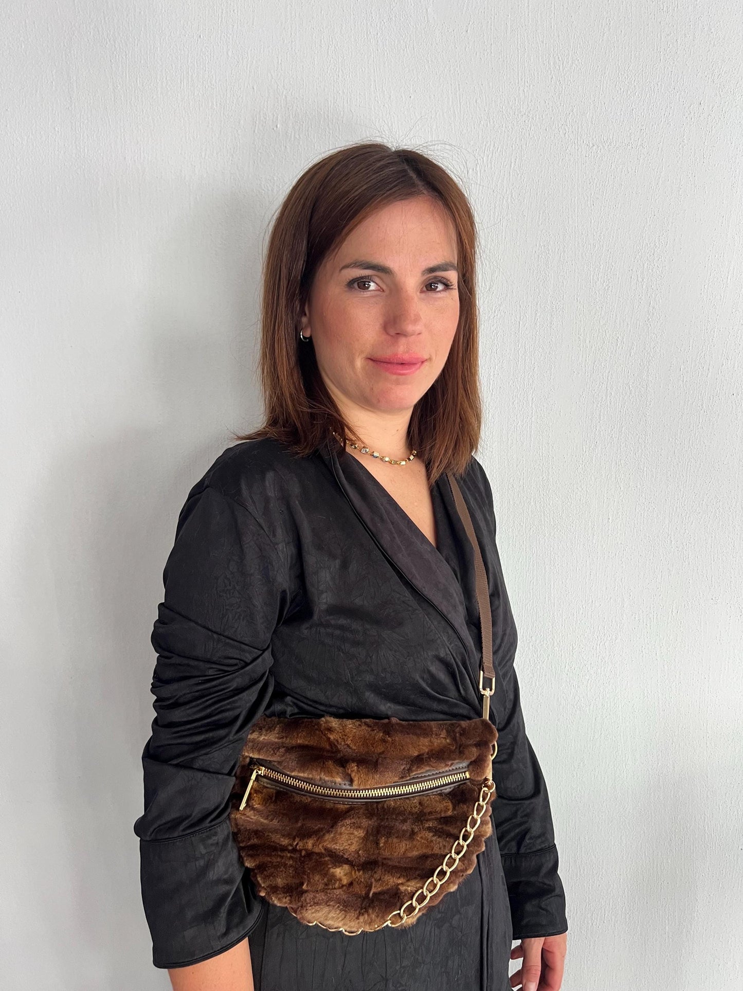 Sheared Mink Fur Bumbag: Beige Marble Fanny Pack with Chain