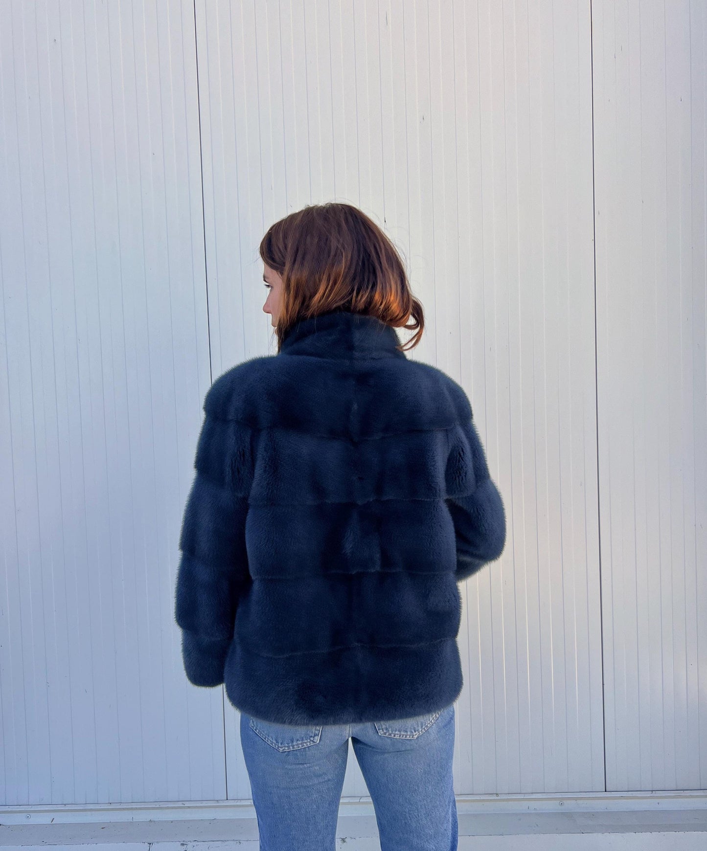 Handmade denim Blue Mink Fur Jacket: Velvet Blazer with Stand Up Collar