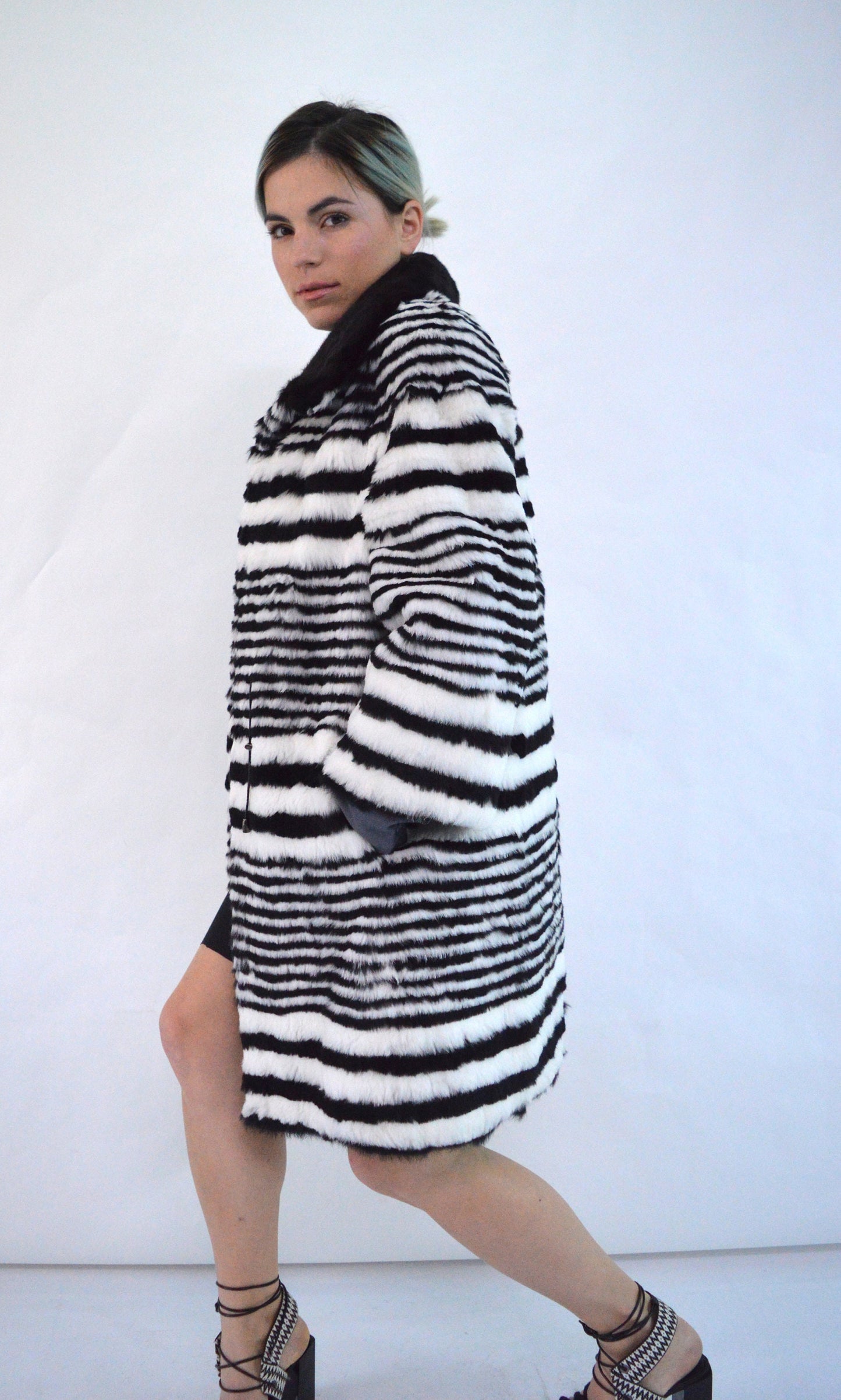 Black & White Rabbit Fur Coat: Mink Collar, Luxury Winter Coat