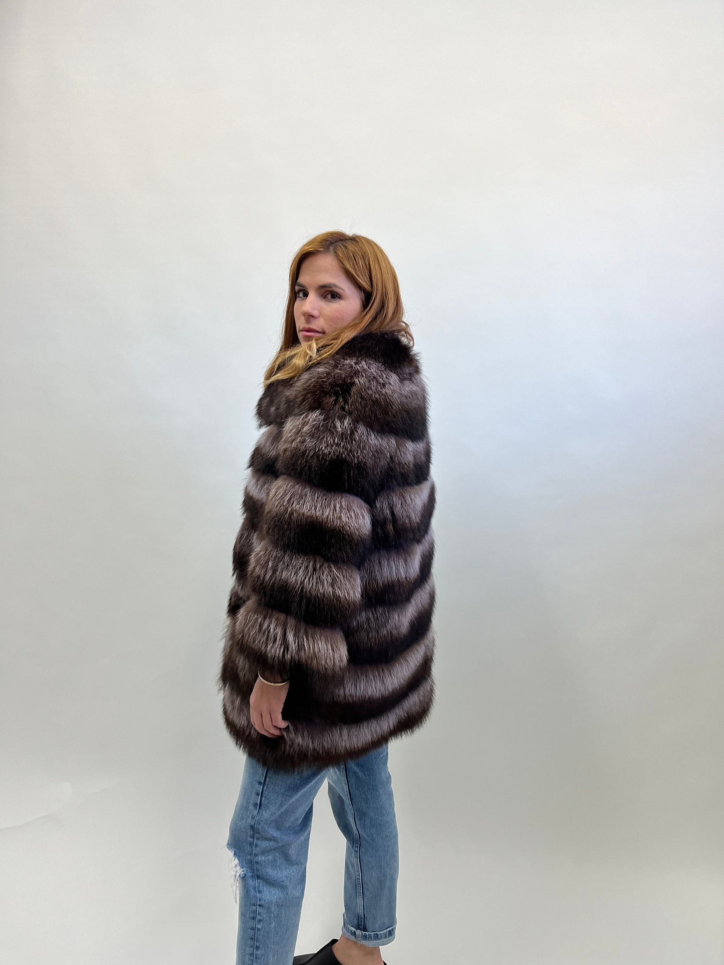 Genuine Raccoon Fur Jacket: Brown Levante Leather Trim Collar