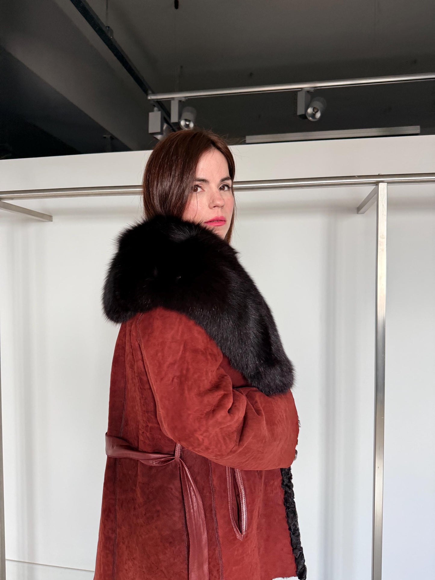 Reversible Shearling Suede Jacket with Fox Collar, Leather Belt, Made in Greece
