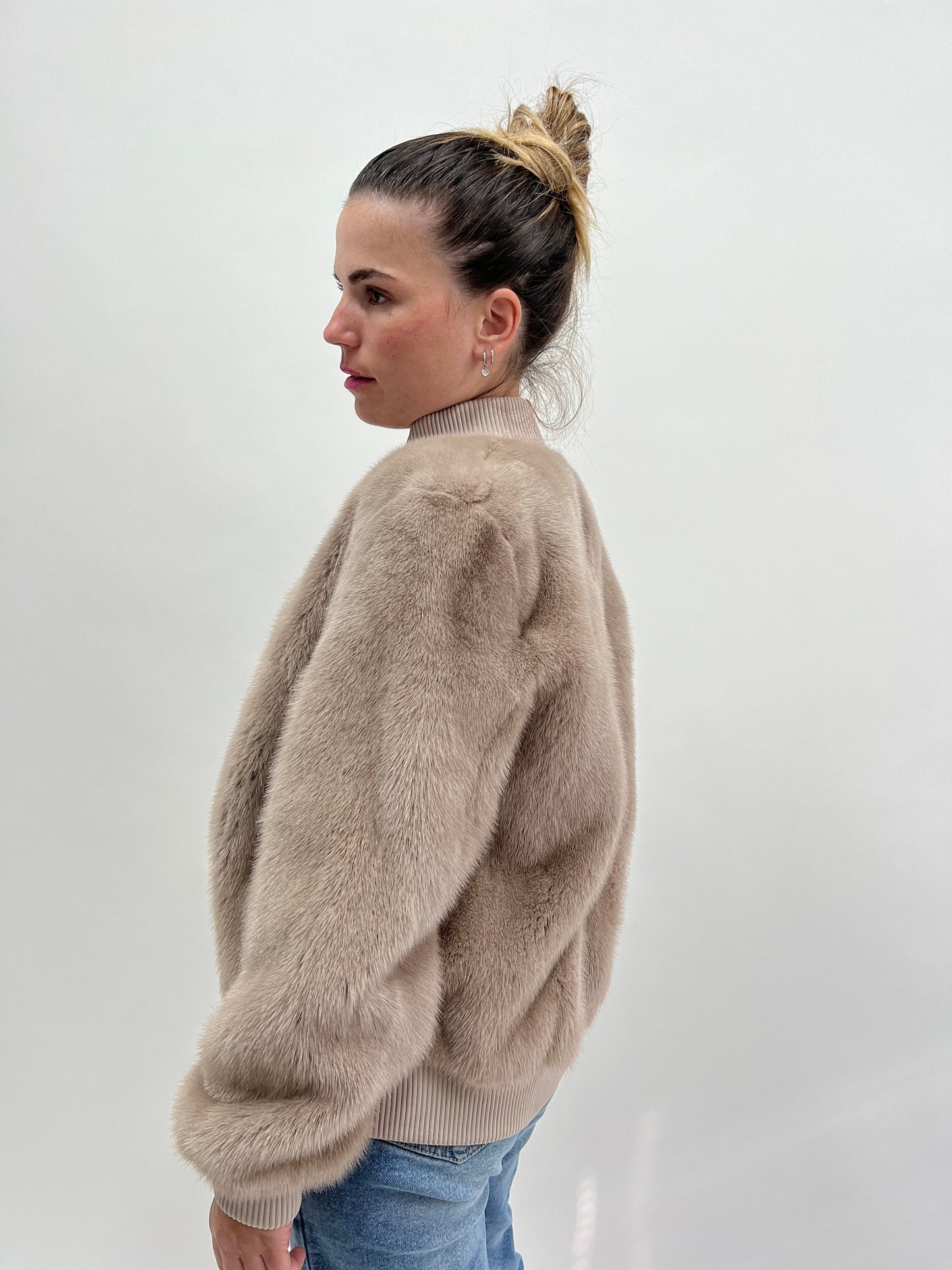 Taupe Mink Fur Bomber Jacket: Knit & Leather, Handmade in Greece