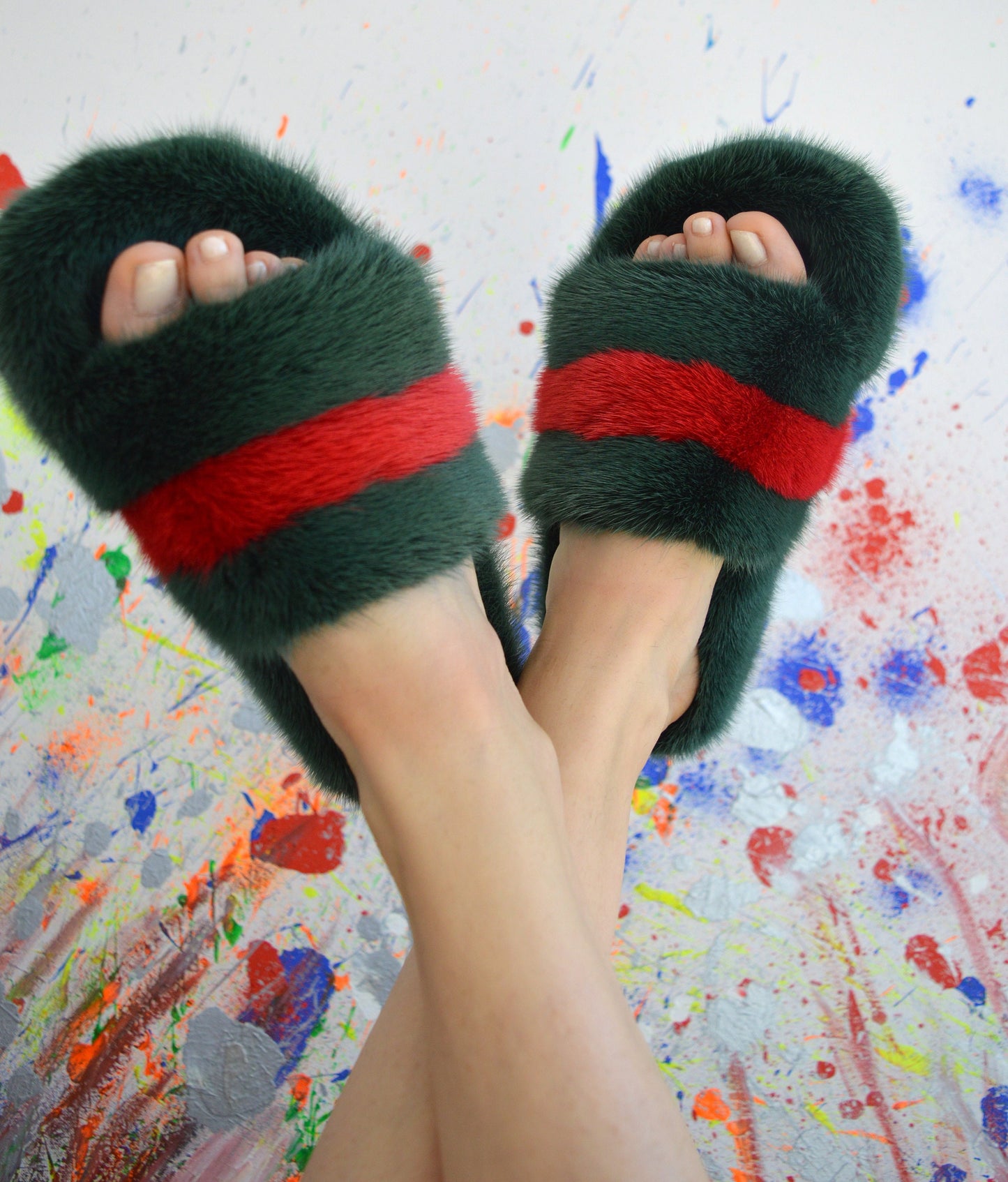 Green & Red Mink Fur Slides: Luxury Comfy Slippers
