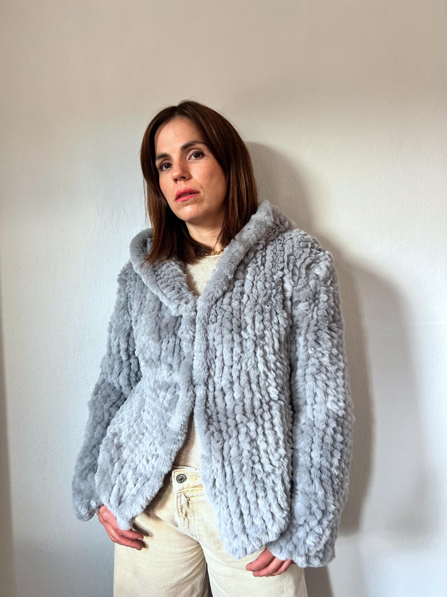 Light Grey Rabbit Fur Hooded Jacket: Handwoven, Frog Closure