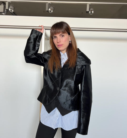 Genuine Hair-On Leather Jacket: Black Calf Fur Coat, Handmade in Greece
