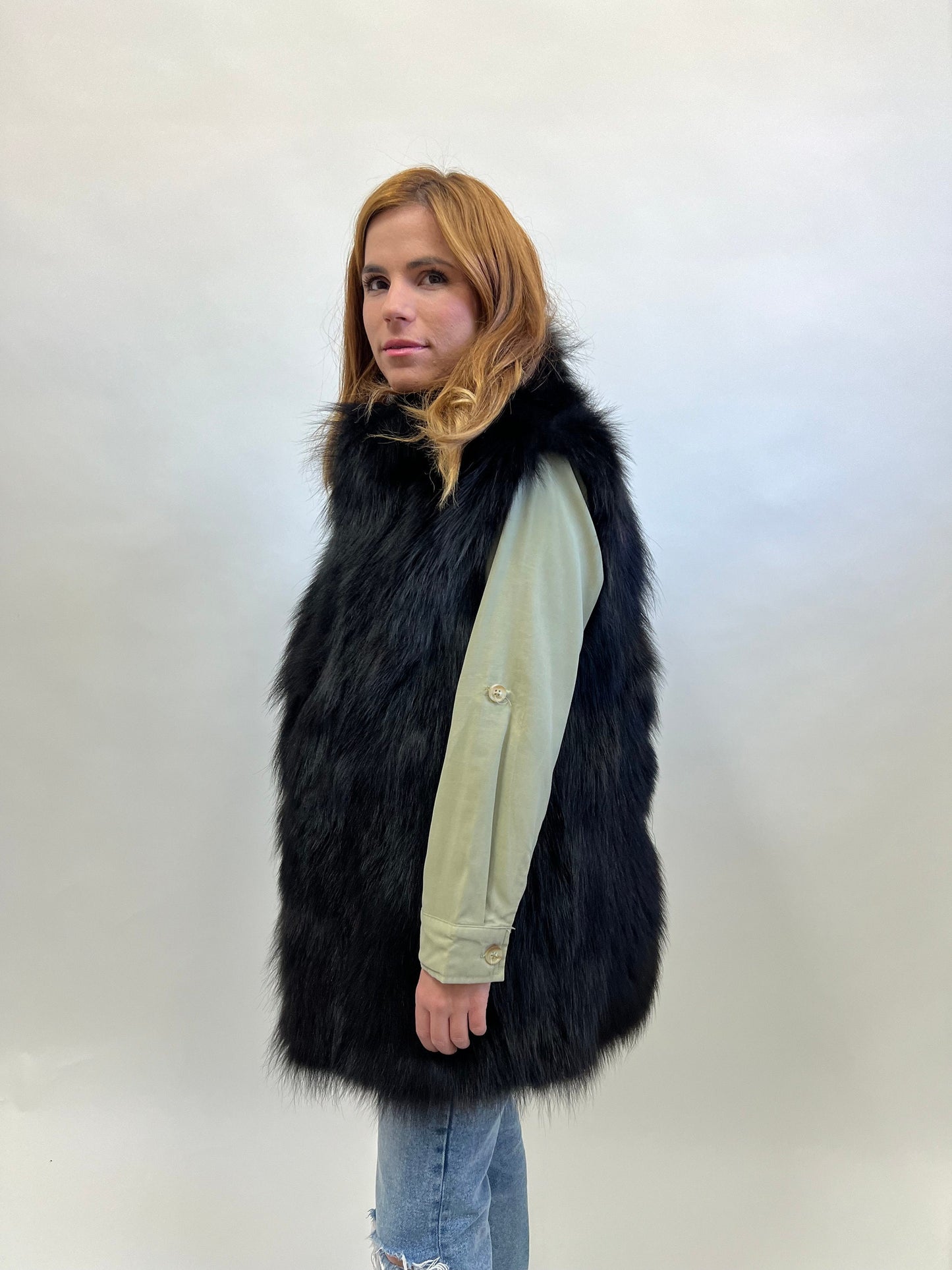 Real Black Fox Fur Vest, Genuine Pelt Winter Jacket, Medium