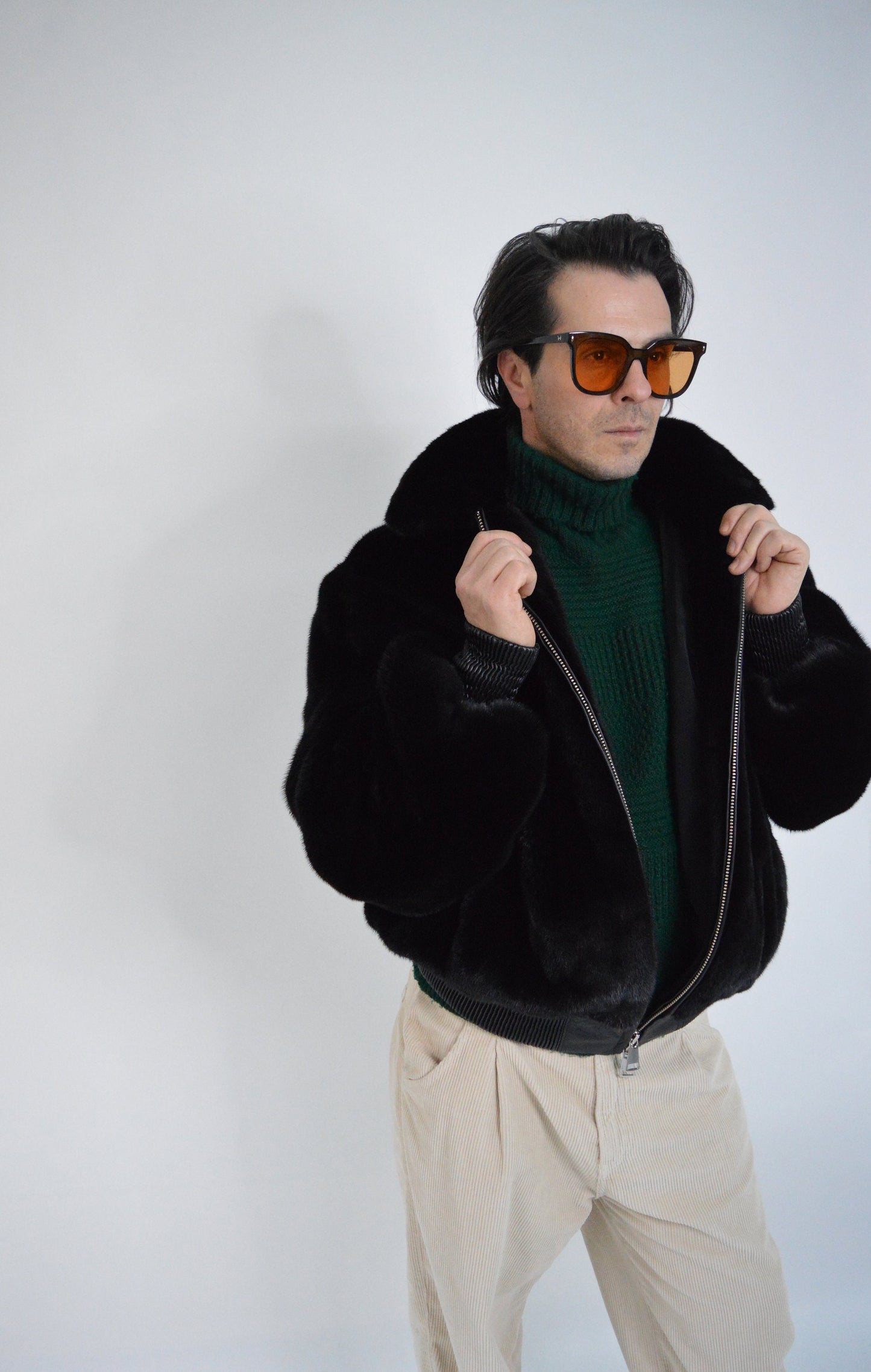 Velvet Mink Bomber Jacket: Black Saga velvet for men with Leather Details