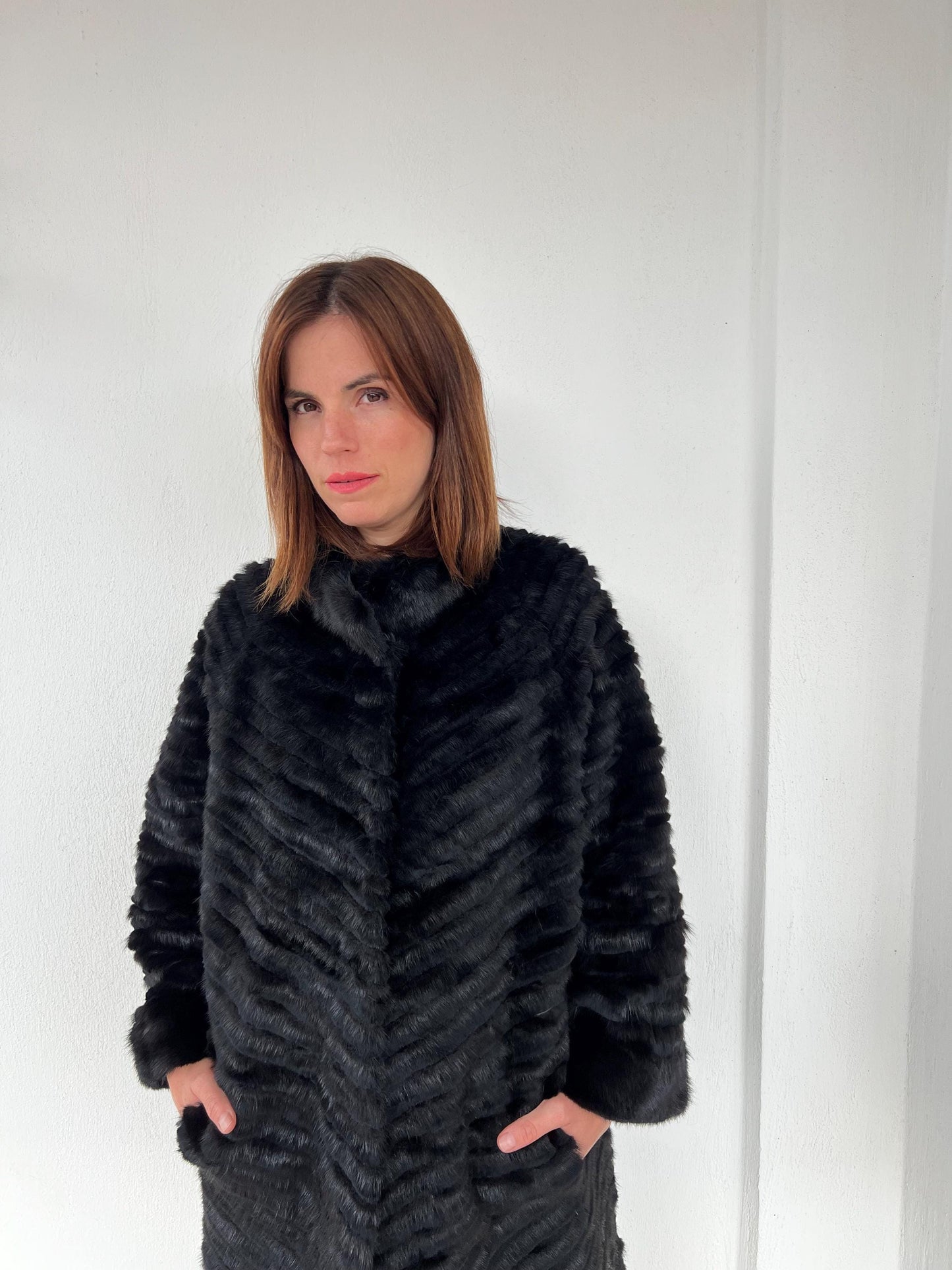 Handwoven Black Mink Fur Coat - Wool Lined Jacket