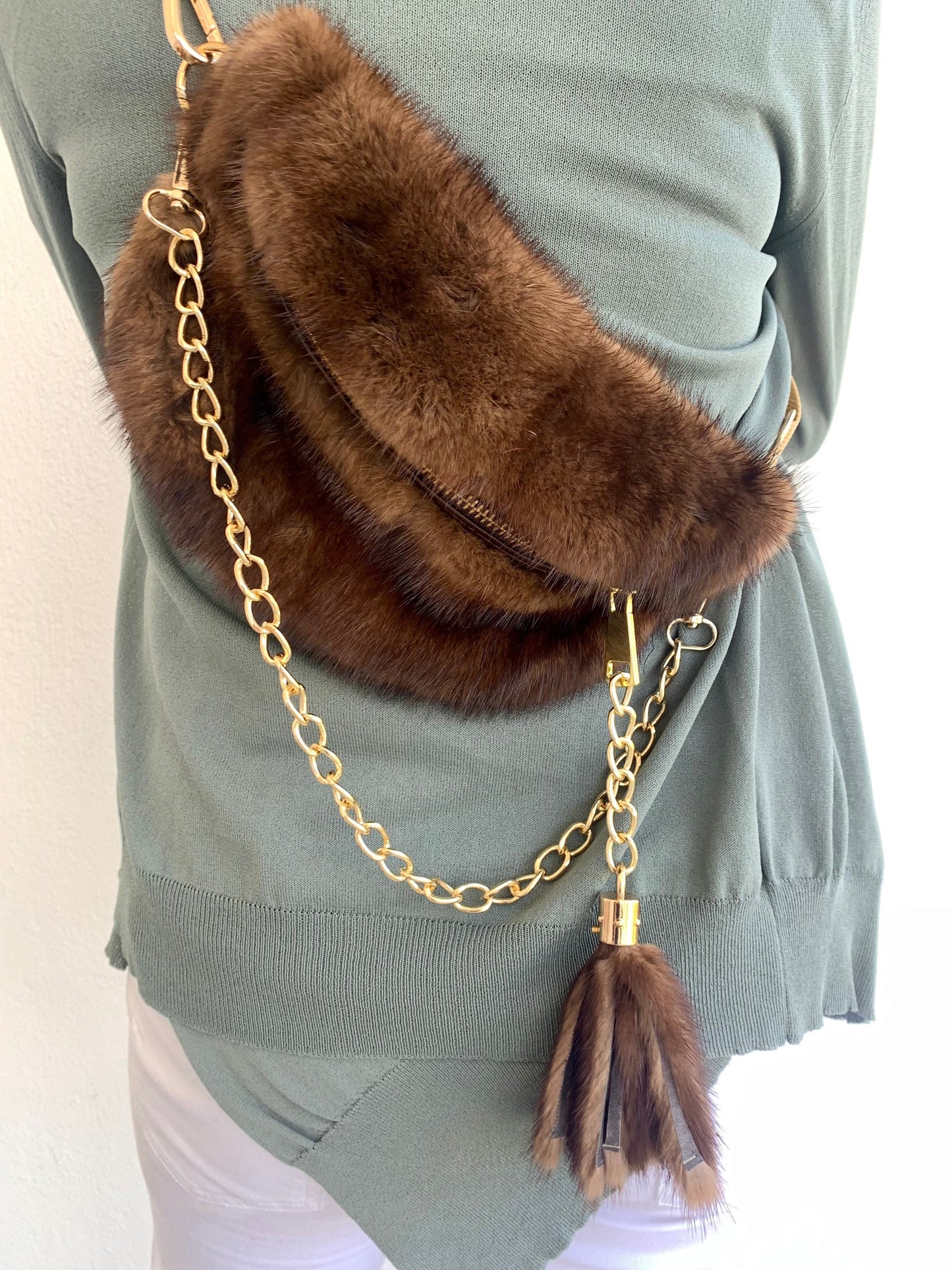 Real Mink Fur Bumbag: Tan Brown Fanny Pack with Chain