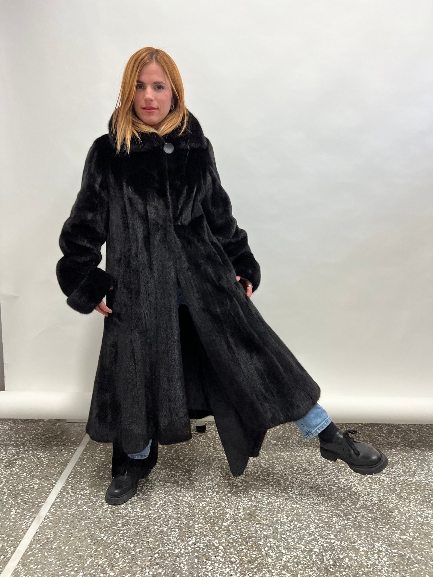 Handmade Black Mink Fur Long Coat: Godet Style, Adjustable Cuffs