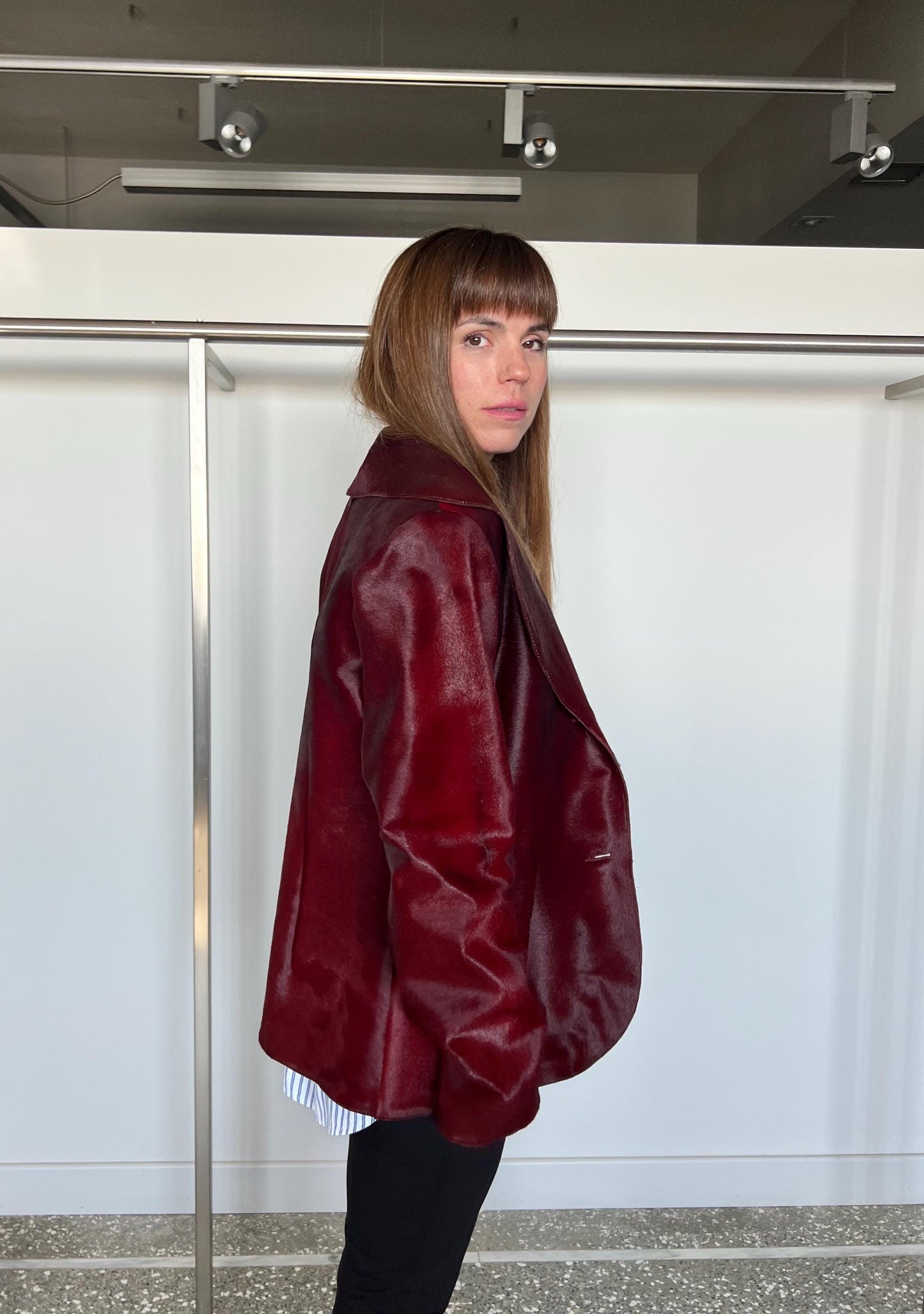 Genuine Cherry Hair-on Hide Leather Coat - Calf Cavallino Jacket