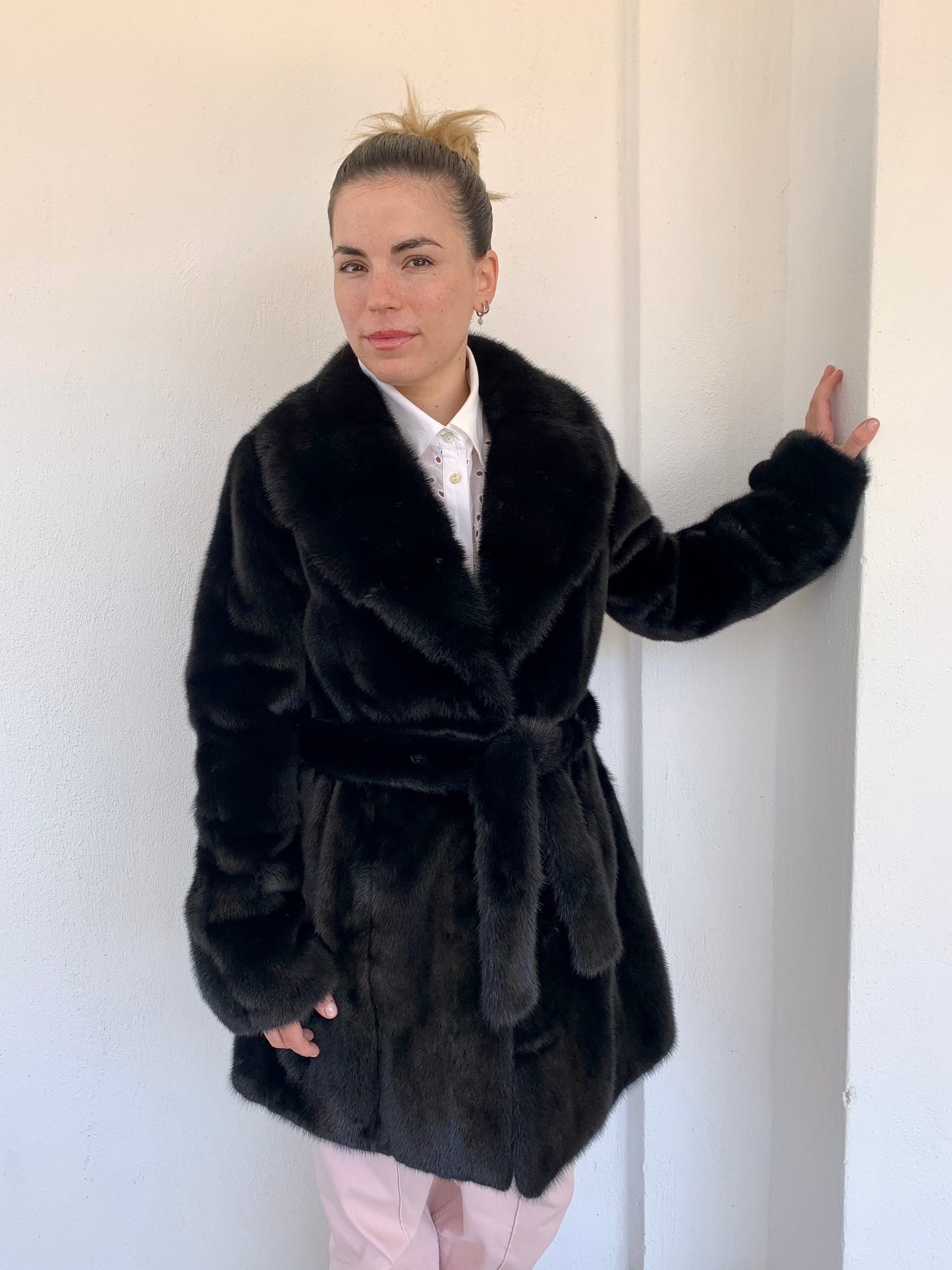 Real Mink Fur Jacket: Black Supple Skin Coat with Belt