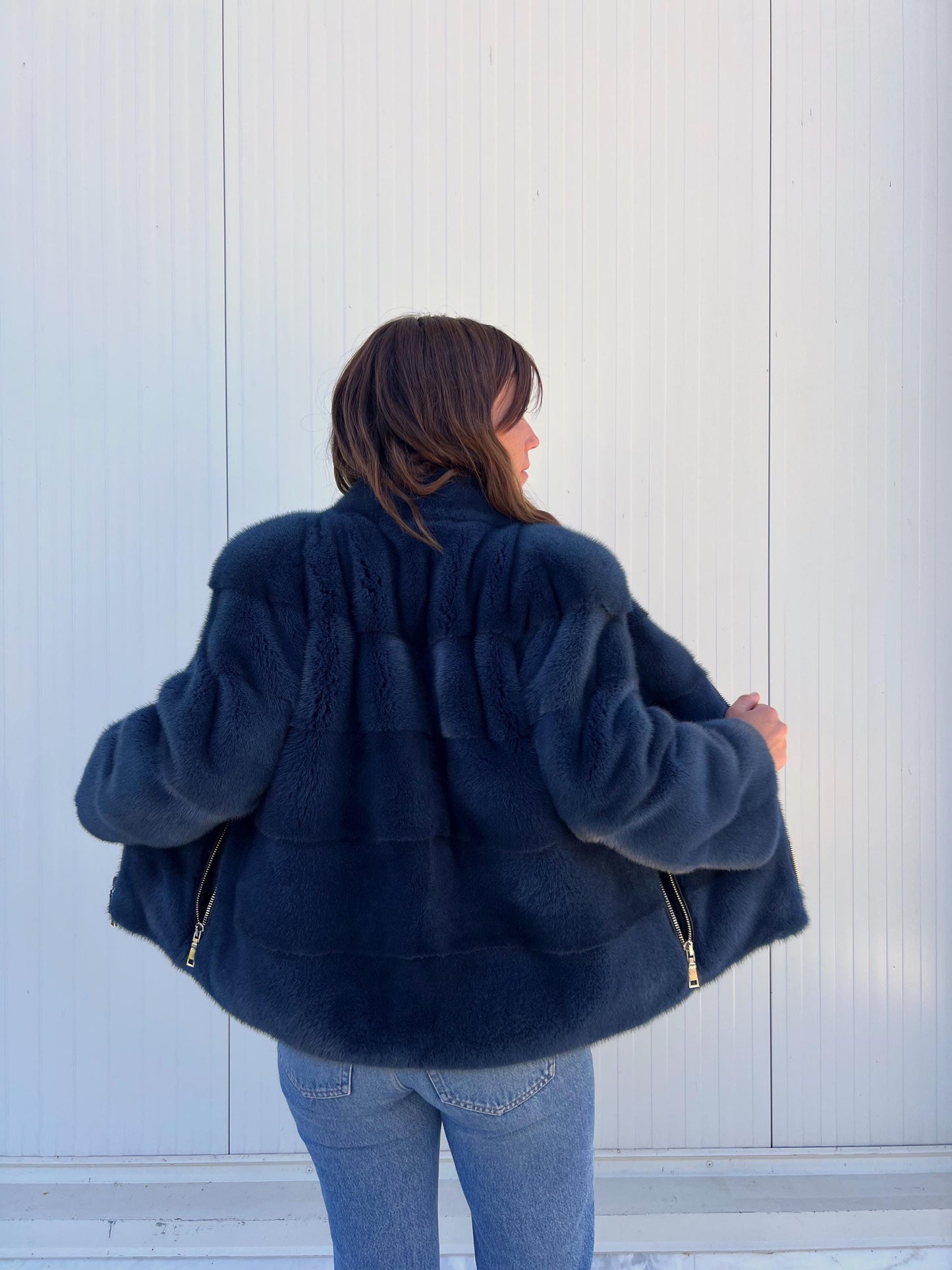 Handmade denim Blue Mink Fur Jacket: Velvet Blazer with Stand Up Collar
