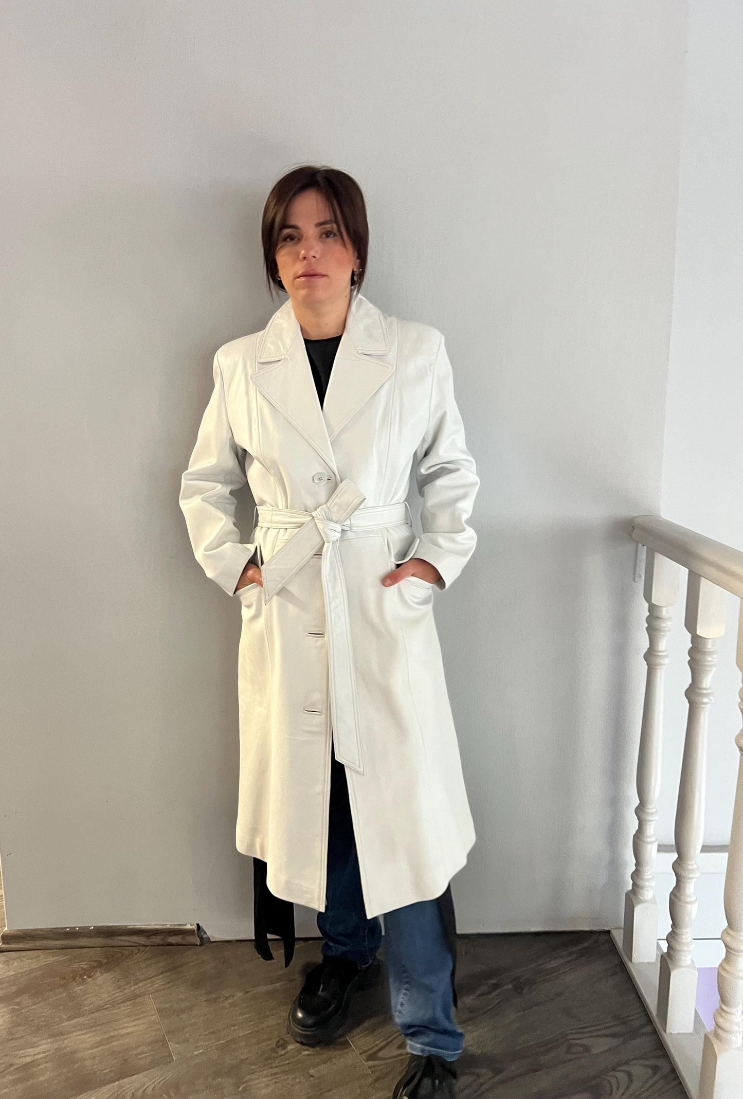 Handmade Nappa Lambskin Leather Coat: White Wrap Belted Jacket