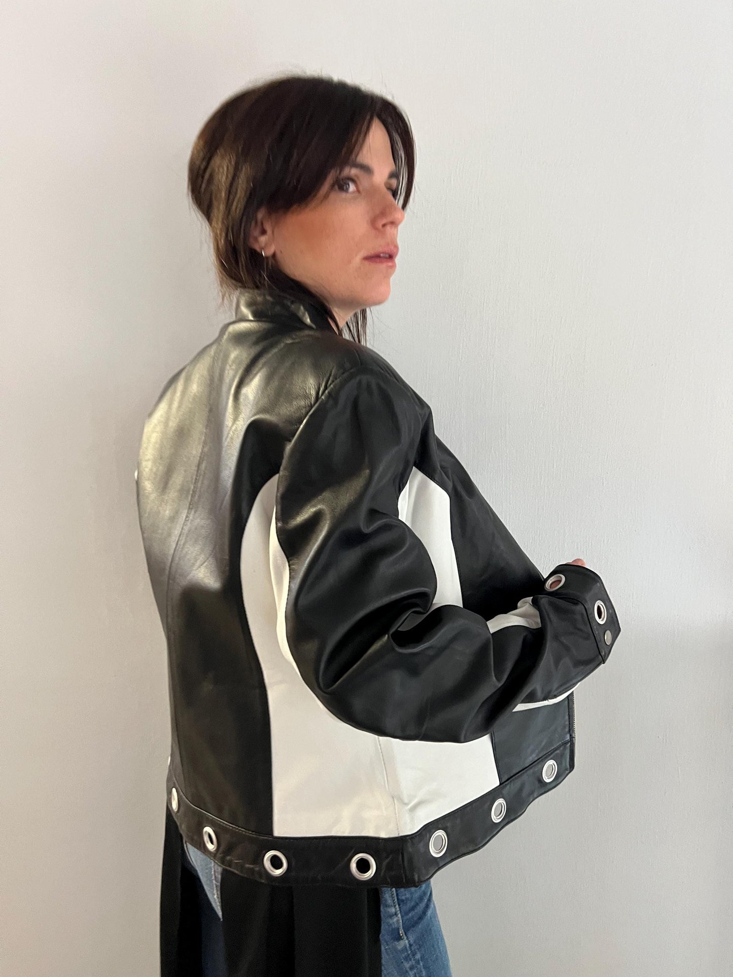 Handmade Black and White Lambskin Leather Jacket - Medium