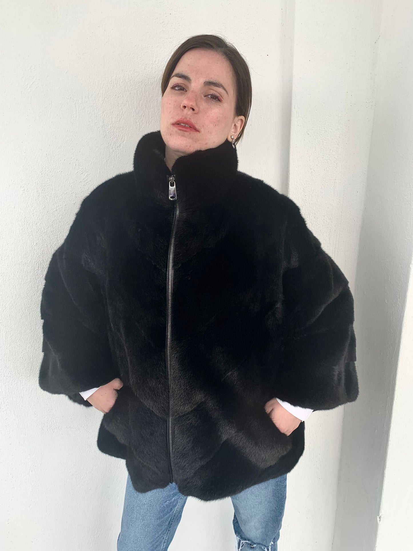Handmade Black Mink Fur Cape: Oversized Luxury Jacket