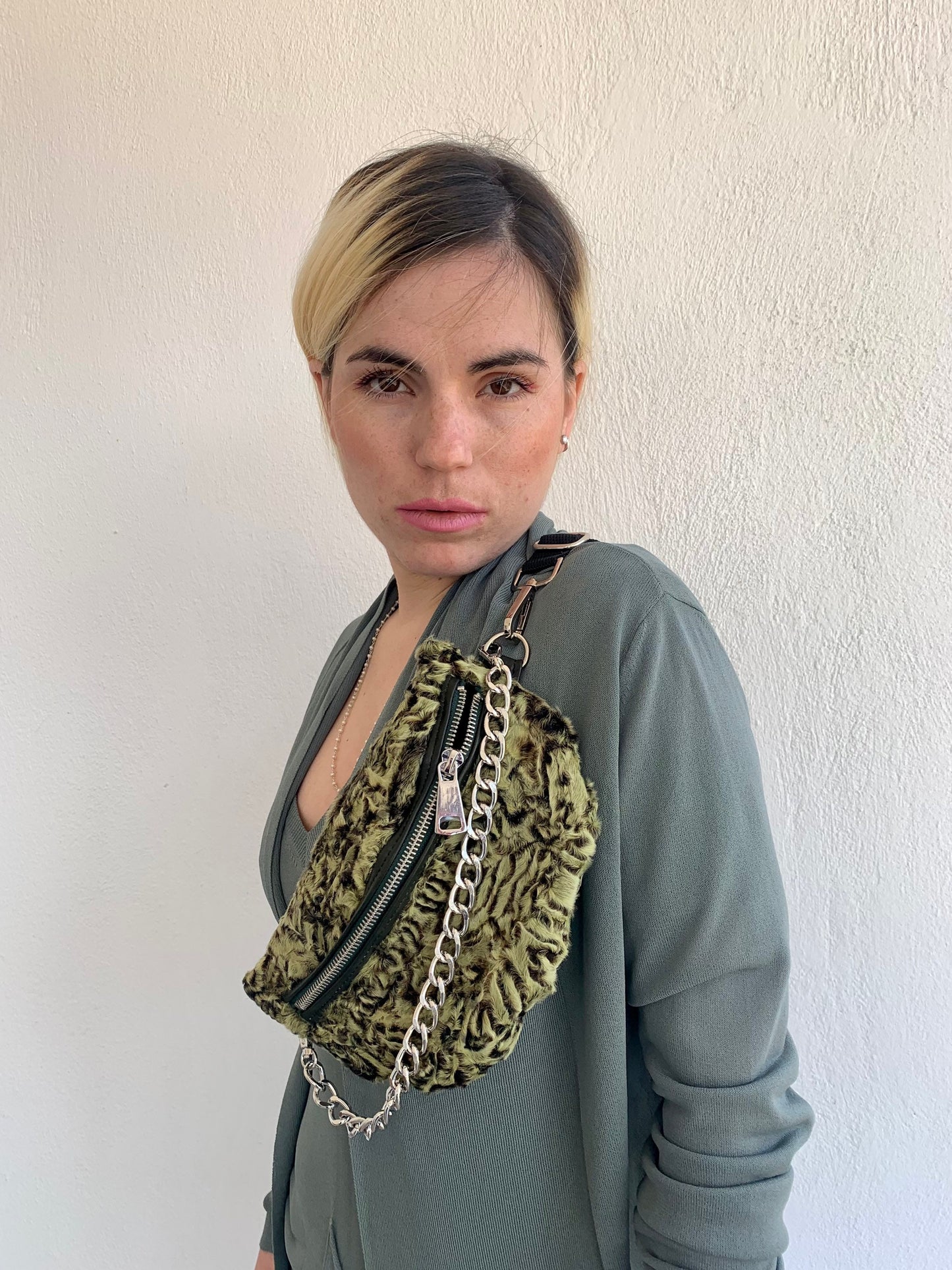Lime Lamb Fur Bumbag with Chain: Luxury Fanny Pack