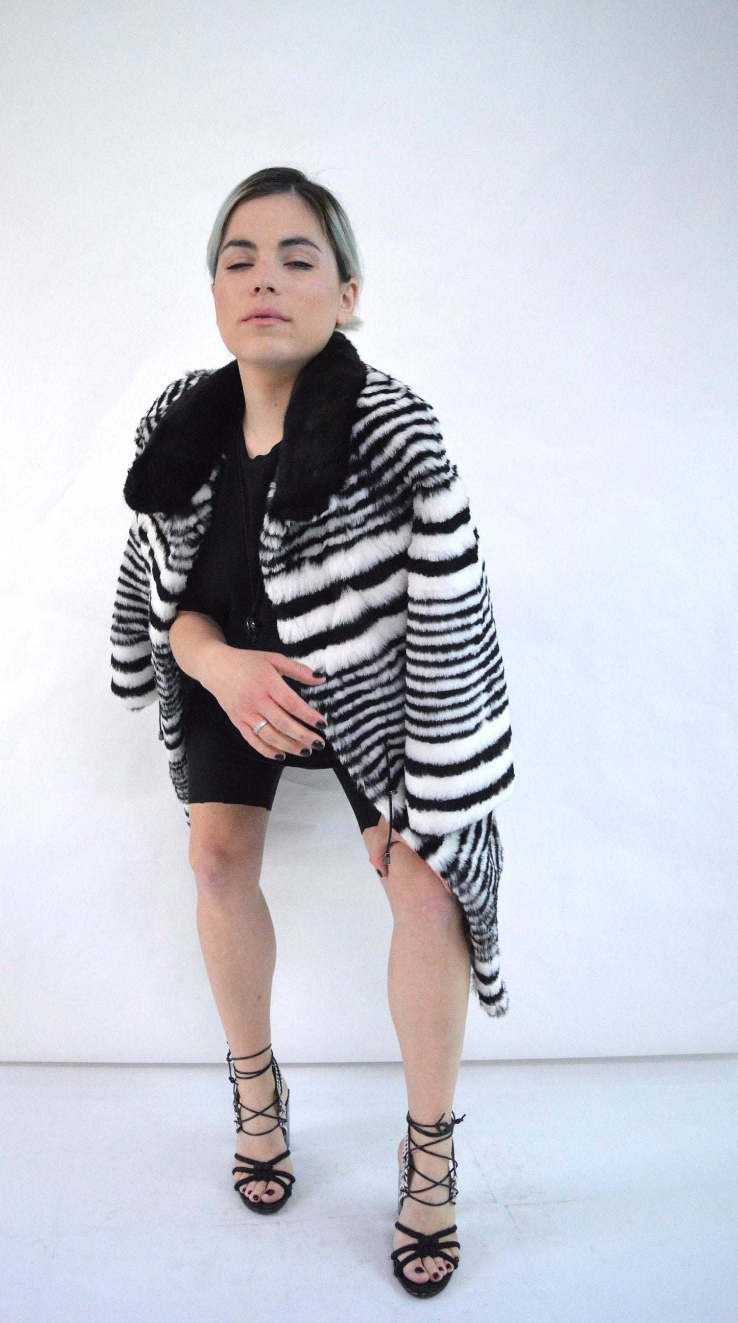 Black & White Rabbit Fur Coat: Mink Collar, Luxury Winter Coat