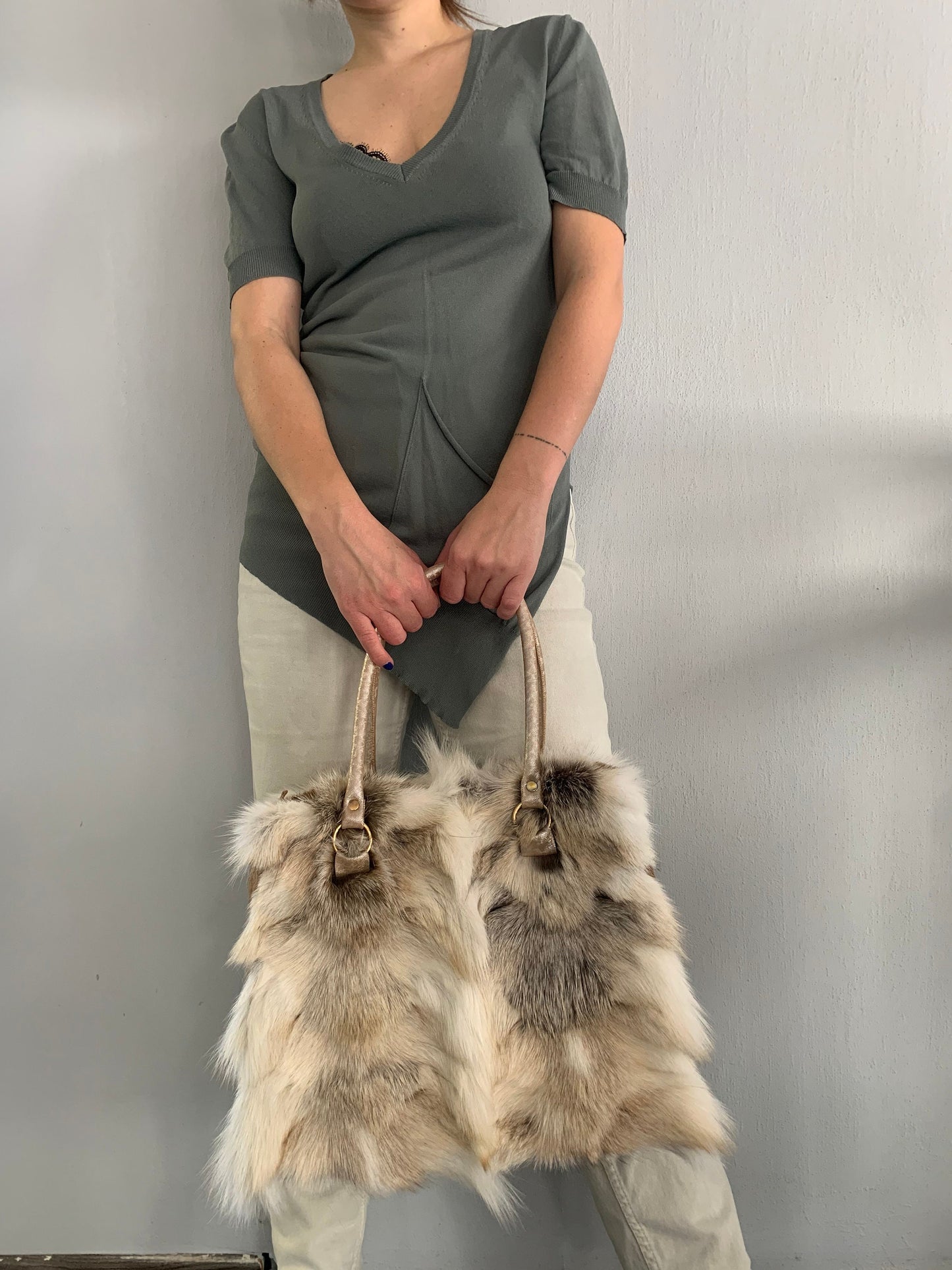 Genuine Fox Fur Handbag: Golden Island White Fur Shoulder Bag